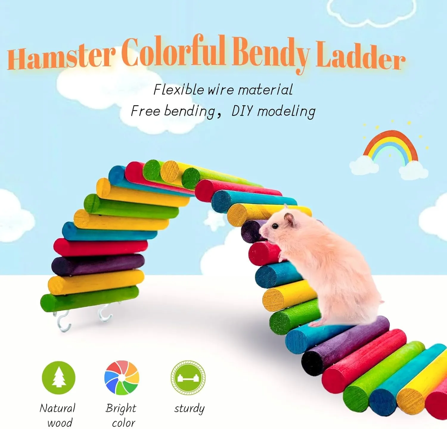 2PCS Hamster Climbing Bridge Ladder Ramp Chinchilla Wooden Suspension Bridge Colorful Bendy Tunnel Natural Wood Chew Toys for Sugar Glider Rodents(15.7x3.9in 7.8x3.9in Colored)