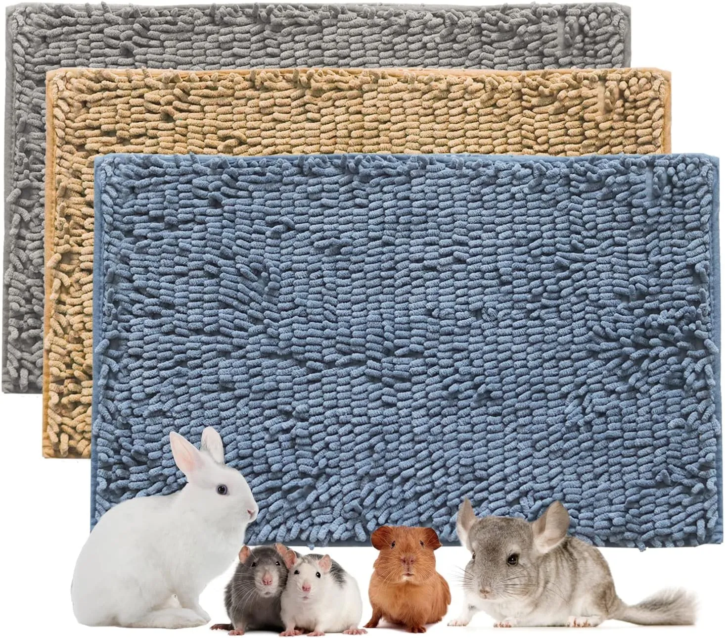 3 Pack Washable Guinea Pigs Cage Liners,24''x16'', Rabbits Fleece Bedding, Soft Warm Chenille Small Animals Sleep Bed Mat, Reusable Pet Pee Pads for Cage Ferrets Bunnies Chinchillas