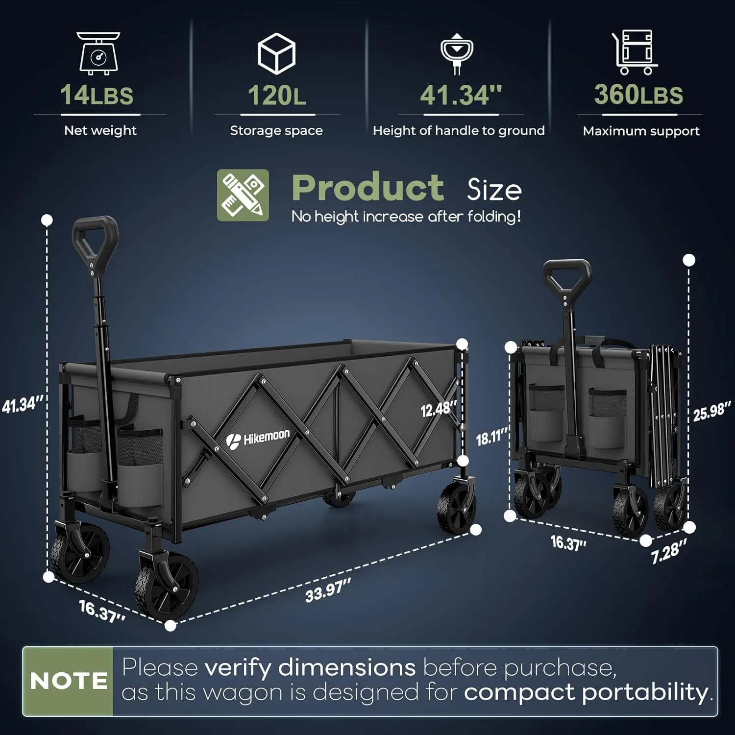 34'' Extra Long Collapsible Wagons Carts Foldable, 360LBS Heavy Duty Folding Beach Wagon with Wheels, Portable Utility Outdoor Cart for Grocery, Garden, Sports, Camping, Grey