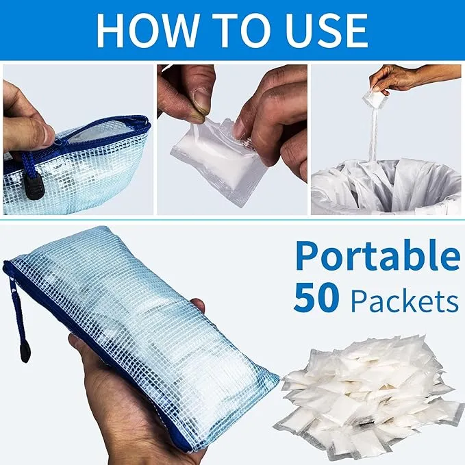 50 Packs Liquid Waste Gelling, Eco Deodorizing Gel Degradable Absorbent Poop Urine Gel for Outdoor Recreation Camping Toilet, Porta Potty Deodorizer Chemicals