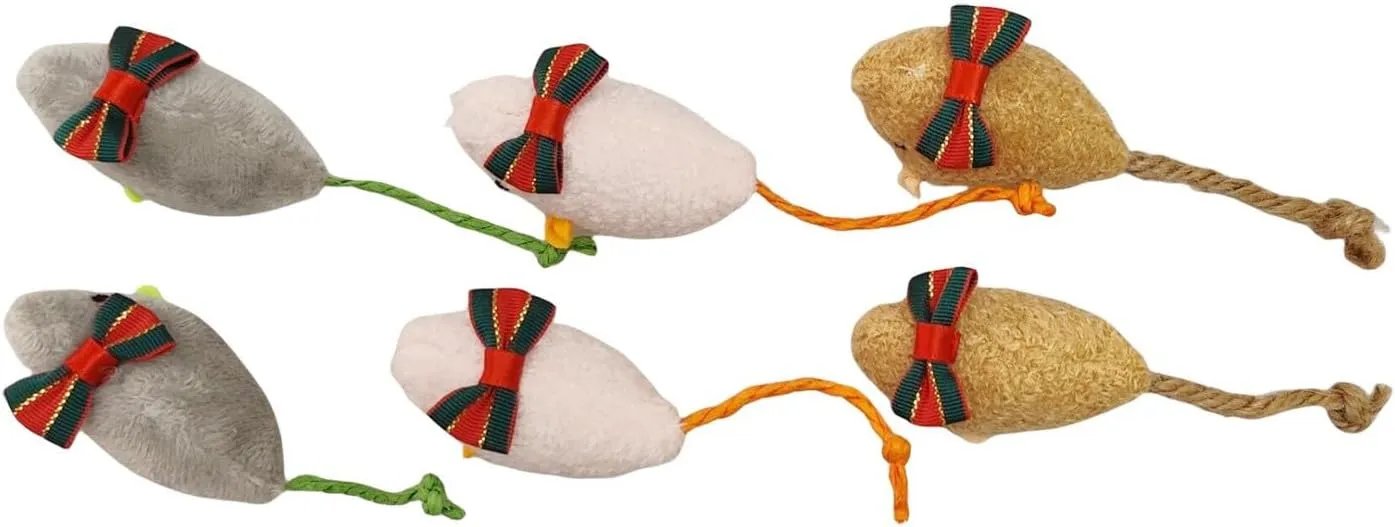 6-Pack Catnip Mice Toys with Green Christmas Bows - Holiday Plush Mouse Set for Cats, Interactive and Festive Cat Toys