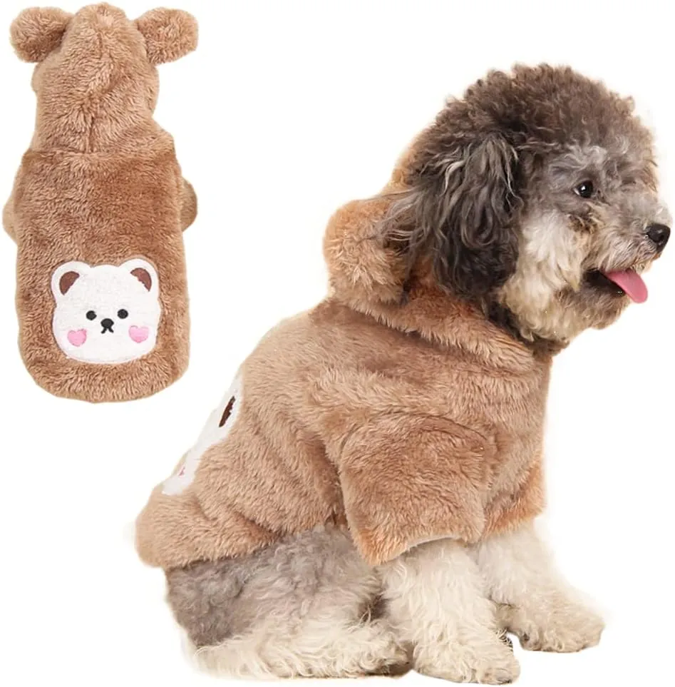ANIAC Small Dog Winter Coat for Puppy Warm Fleece Hoodies Cute Bear Design Pet PJS Jumpsuit Soft Cold Weather Clothes for Cats Chihuahua Yorkie Poodle Teddy (Large, Brown)