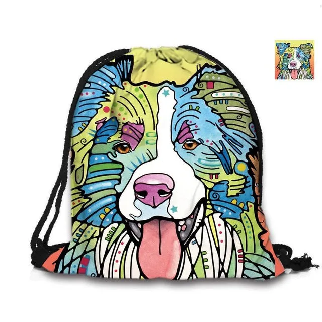 Australian Shepherd Drawstring Bag Cute Pet Dogs Custom Animal Backpack Border Collie Printed Double Sides For Woman School Girl
