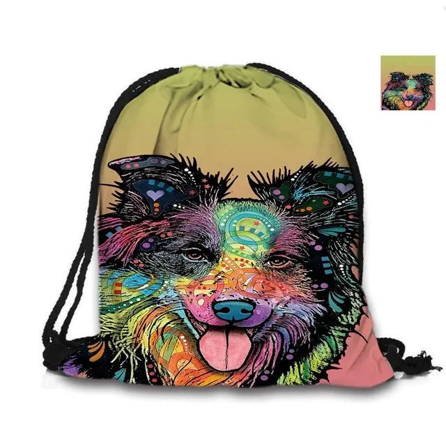Australian Shepherd Drawstring Bag Cute Pet Dogs Custom Animal Backpack Border Collie Printed Double Sides For Woman School Girl