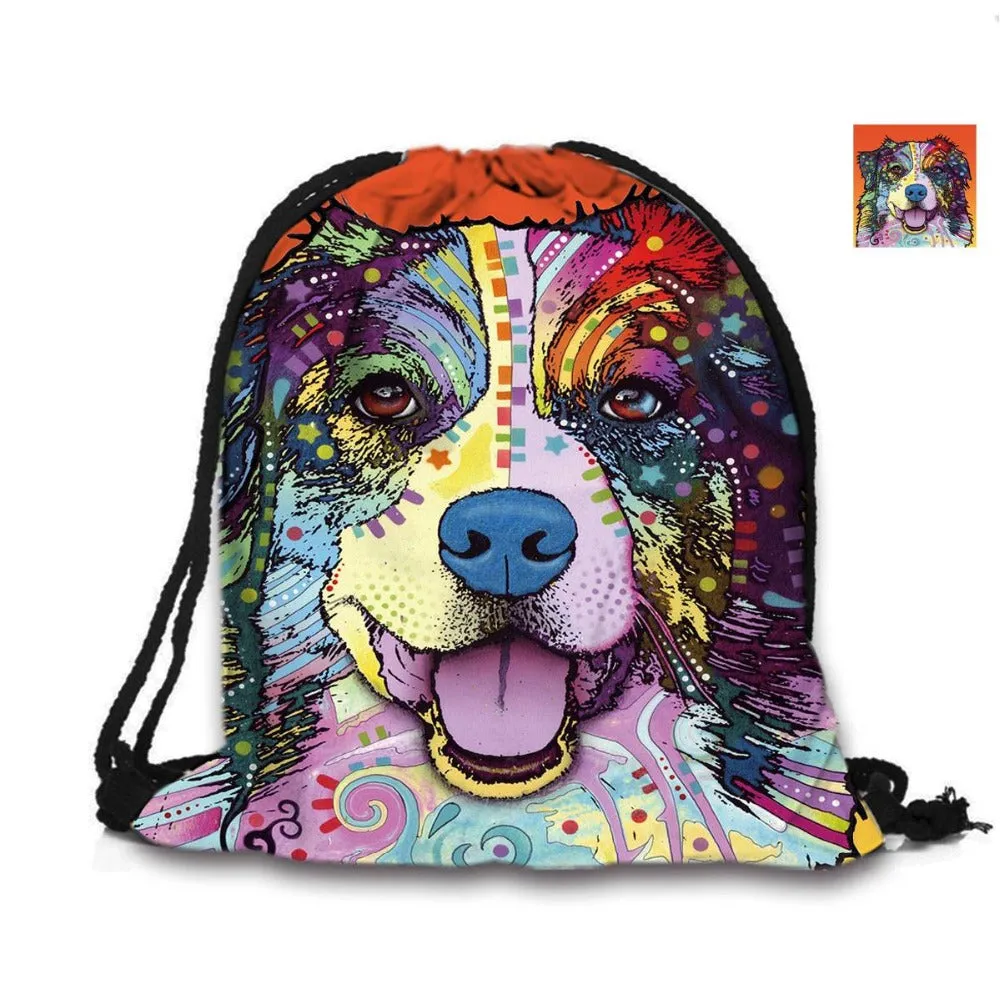 Australian Shepherd Drawstring Bag Cute Pet Dogs Custom Animal Backpack Border Collie Printed Double Sides For Woman School Girl