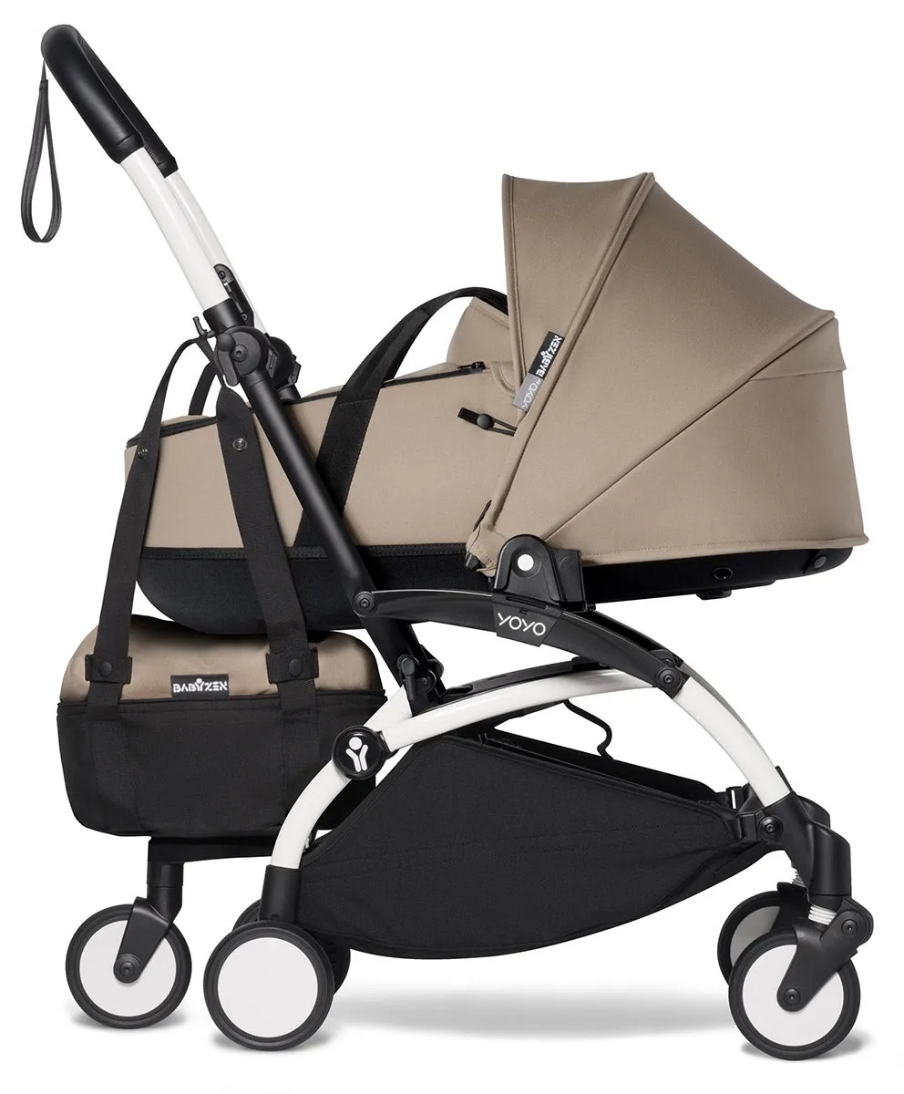 Babyzen YOYO2 Ultra Compact Complete 6  Stroller with Bassinet & Rolling Bag Bundle - White/Taupe