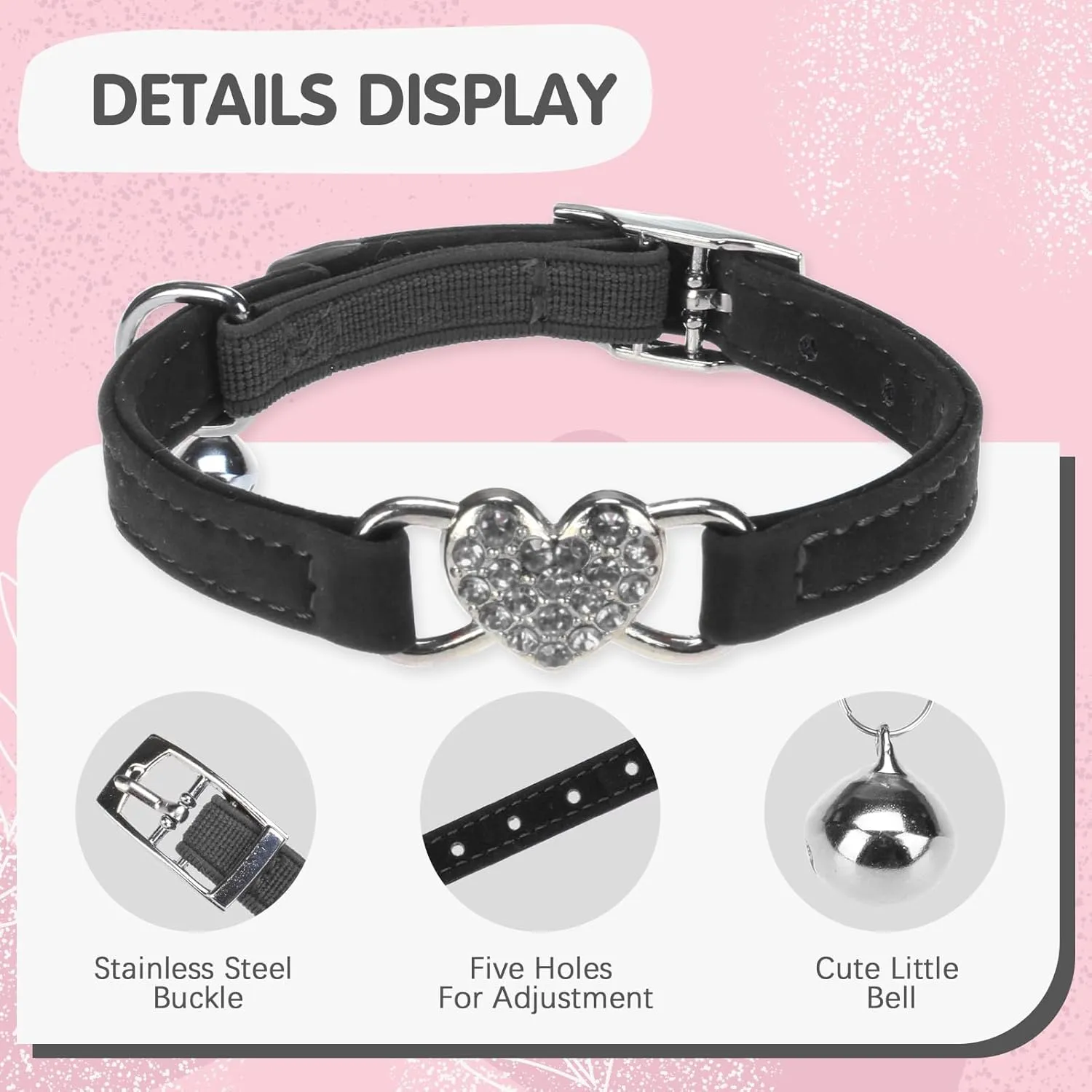 BINGPET Diamond Cat Collar,Adjustable Soft Velvet Leather Safe Kitten Collar with Crystal Heart Charm and Bells,Girl Boy Bling Stylish Cat Collars with Safety Elastic (Black, Neck Girth 6"-8")