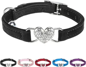 BINGPET Diamond Cat Collar,Adjustable Soft Velvet Leather Safe Kitten Collar with Crystal Heart Charm and Bells,Girl Boy Bling Stylish Cat Collars with Safety Elastic (Black, Neck Girth 6"-8")