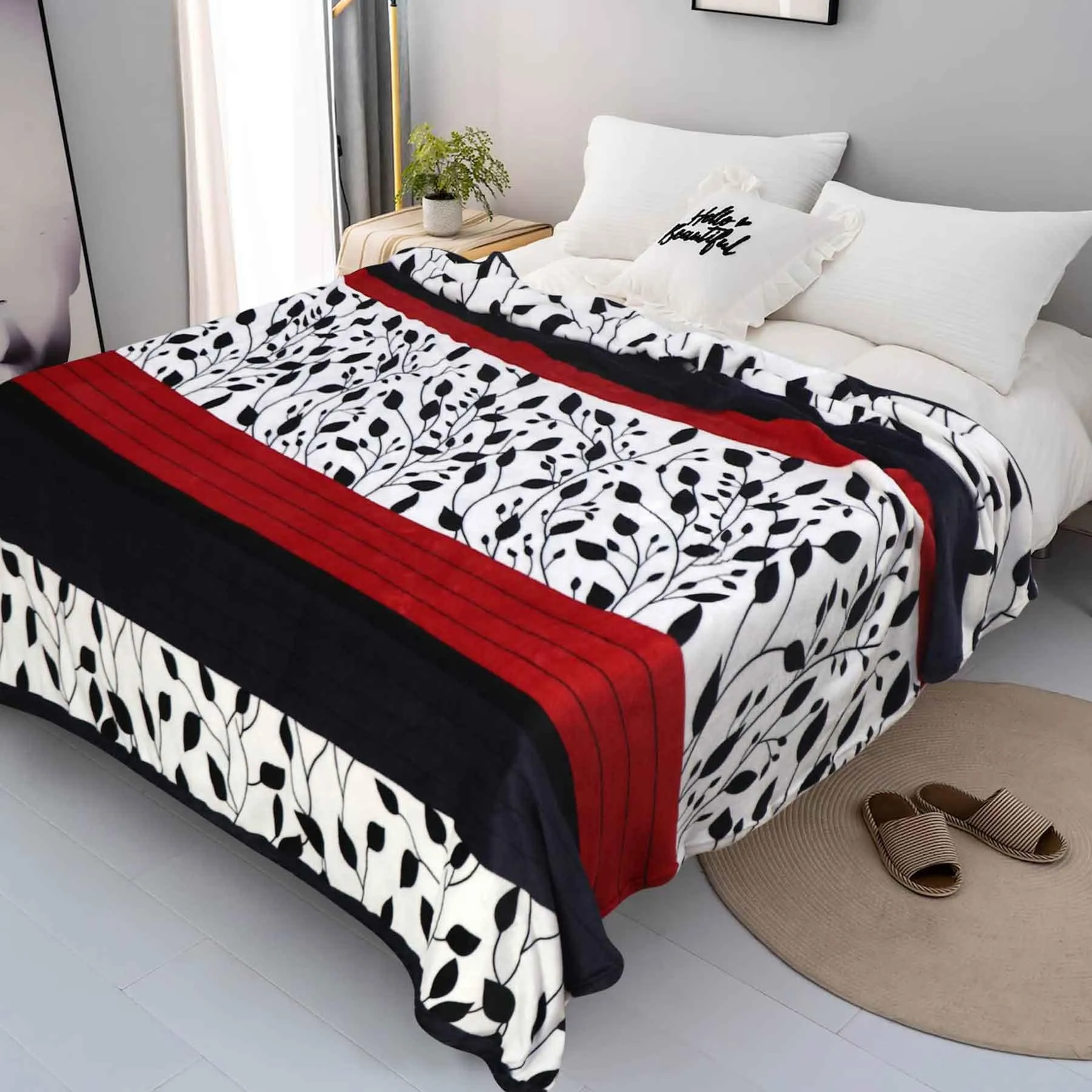 Black Red Leaves Printed AC Fleece Blanket