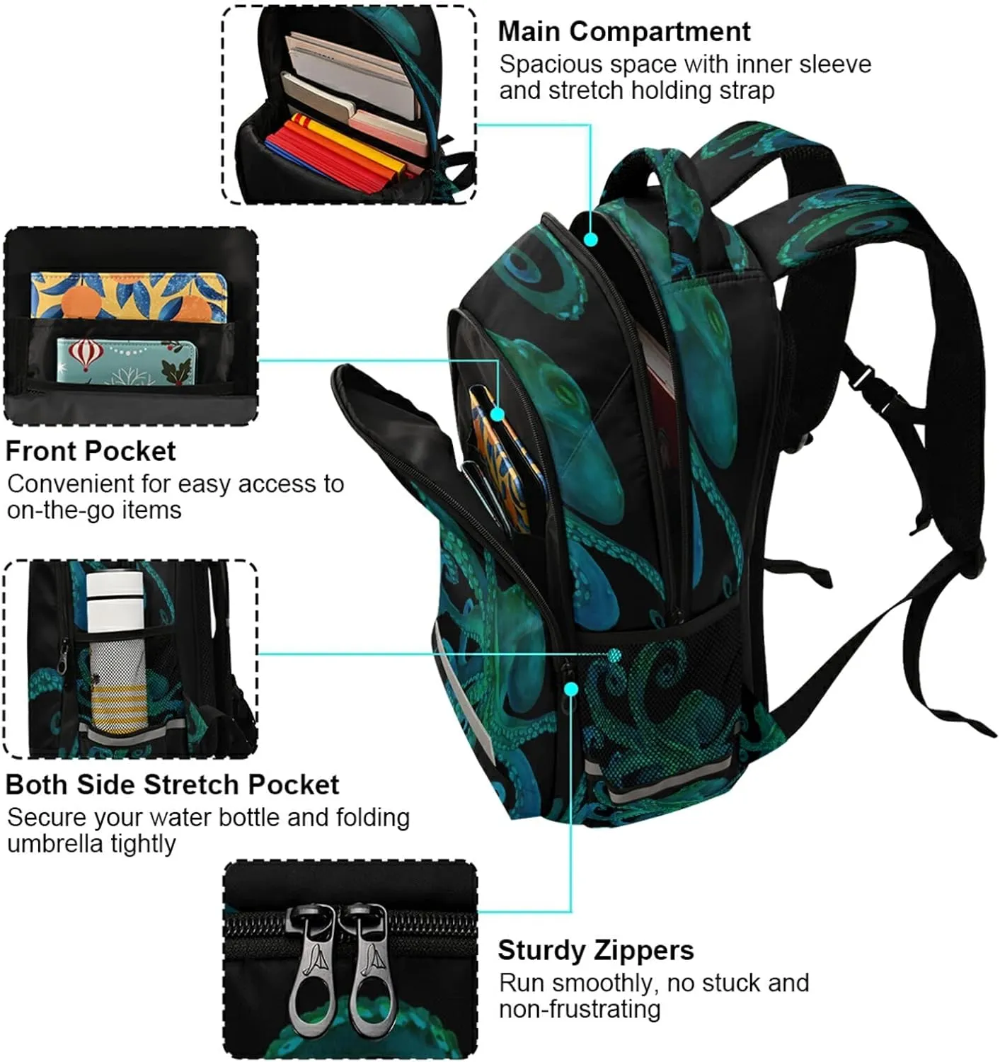 Blue Watercolor Octopus Backpacks Travel Laptop Daypack School Book Bag for Men Women Teens Kids