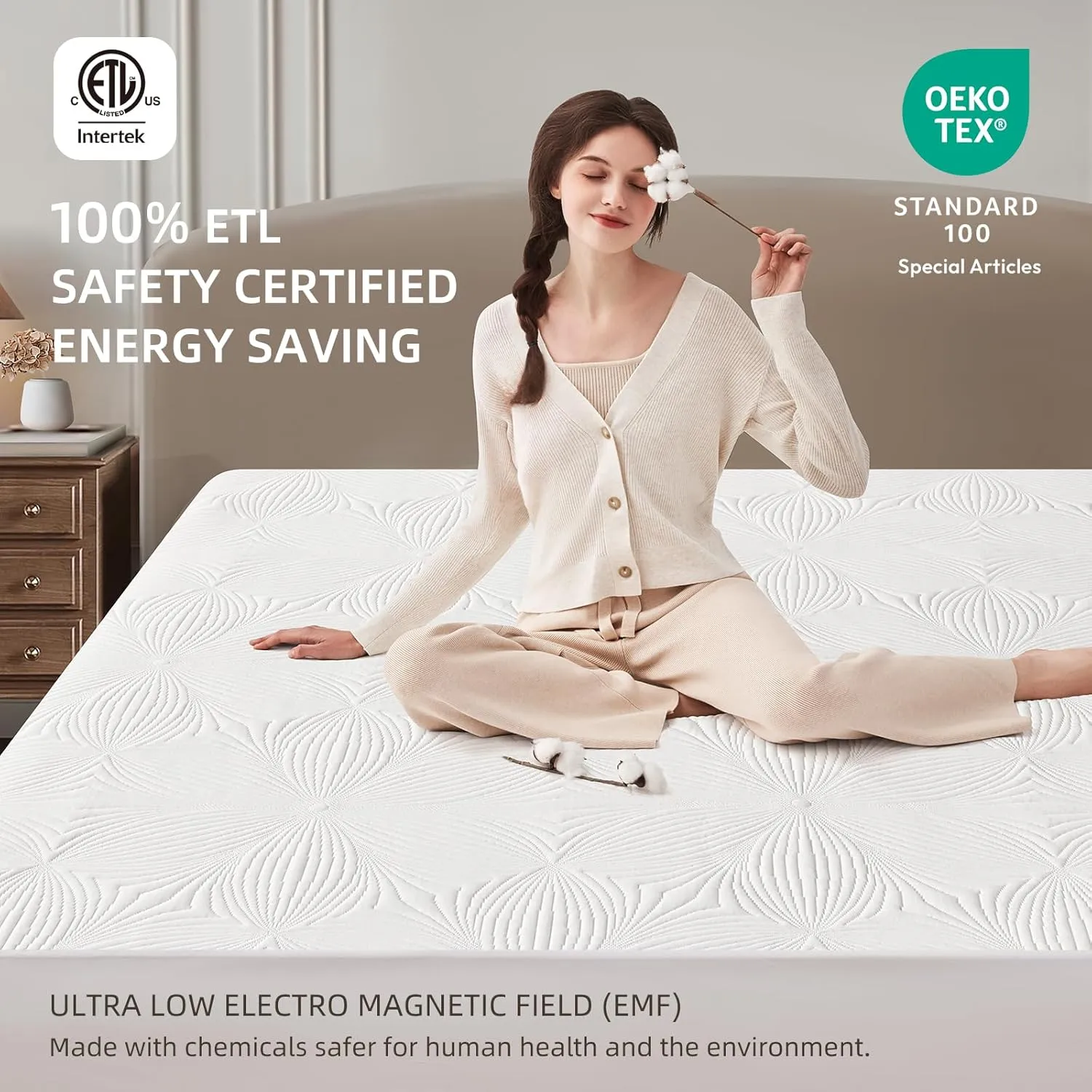 Bwarm Heated Mattress Pad ETL Certified Flower Bed Warmer with 9 Heat Settings, 1-12 Hours Auto Off Deep Pocket, Machine Washable, White (Queen)