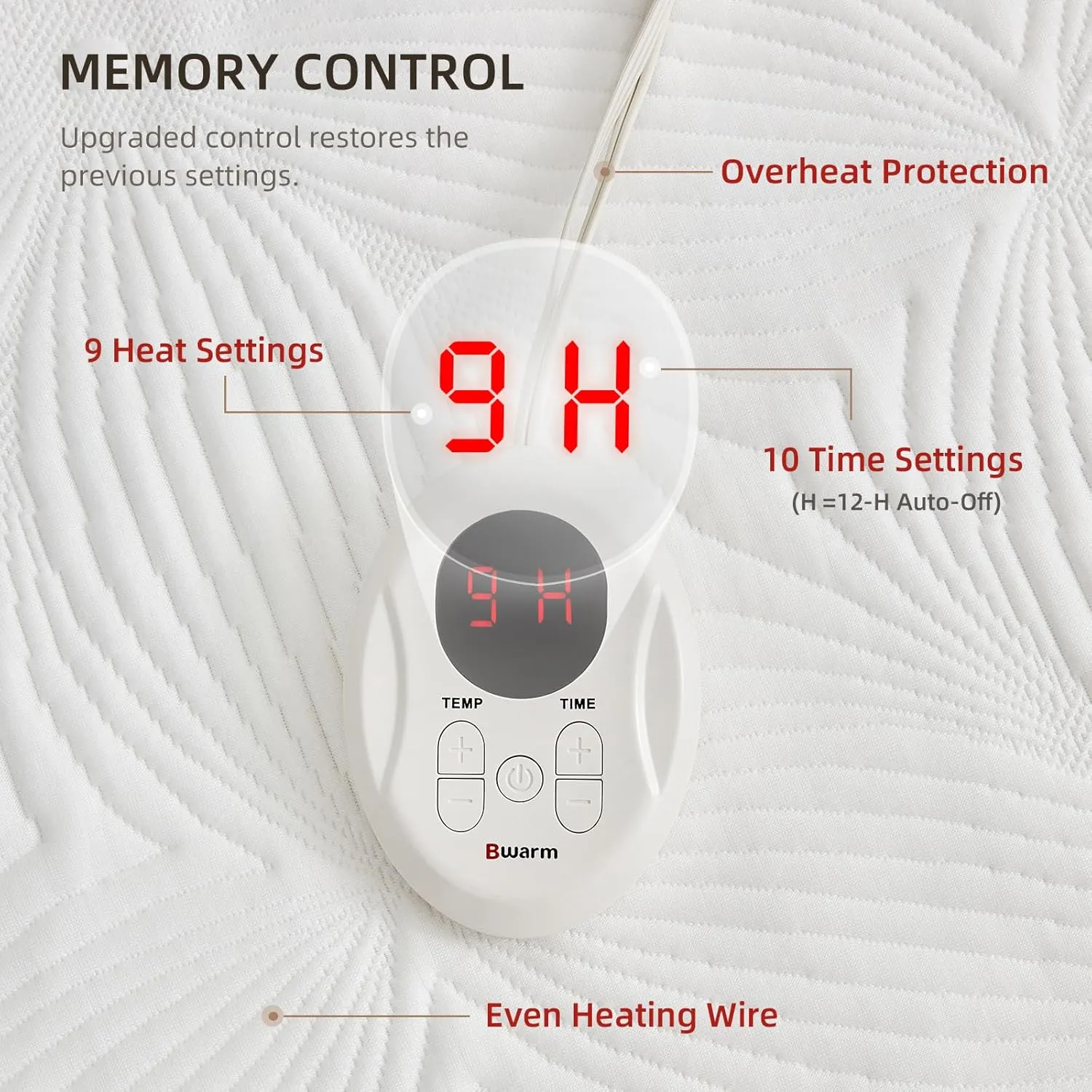 Bwarm Heated Mattress Pad ETL Certified Flower Bed Warmer with 9 Heat Settings, 1-12 Hours Auto Off Deep Pocket, Machine Washable, White (Queen)
