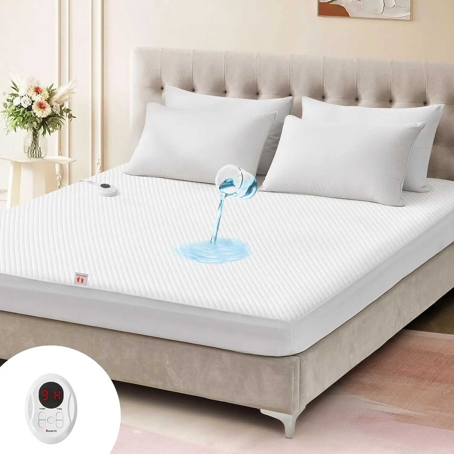 Bwarm Waterproof Heated Mattress Pad, ETL Certified Bed Warmer with Memory Function with 9 Heat Settings, 1-12 Hours Auto Off Deep Pocket, Machine Washable, White Twin XL