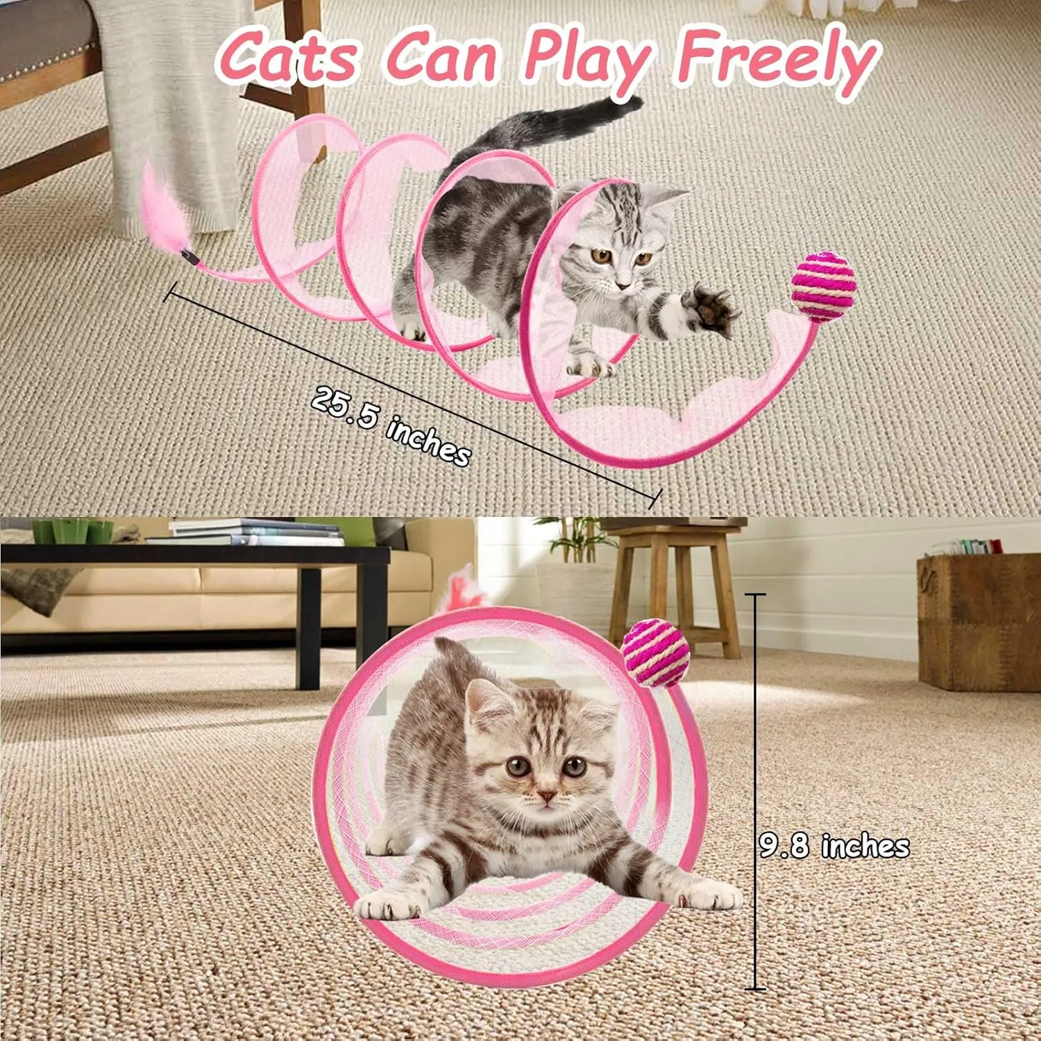Cat Tunnel, 1PCS Folded Cat Tunnel Toy, Pink Sisal Hemp Ball Tube Cat Springs for Indoor with Feather, Mouse Toys Interactive Cat Toy Tunnel Self-Happy Cat Toys, S-Type Collapsible Tent