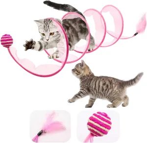Cat Tunnel, 1PCS Folded Cat Tunnel Toy, Pink Sisal Hemp Ball Tube Cat Springs for Indoor with Feather, Mouse Toys Interactive Cat Toy Tunnel Self-Happy Cat Toys, S-Type Collapsible Tent