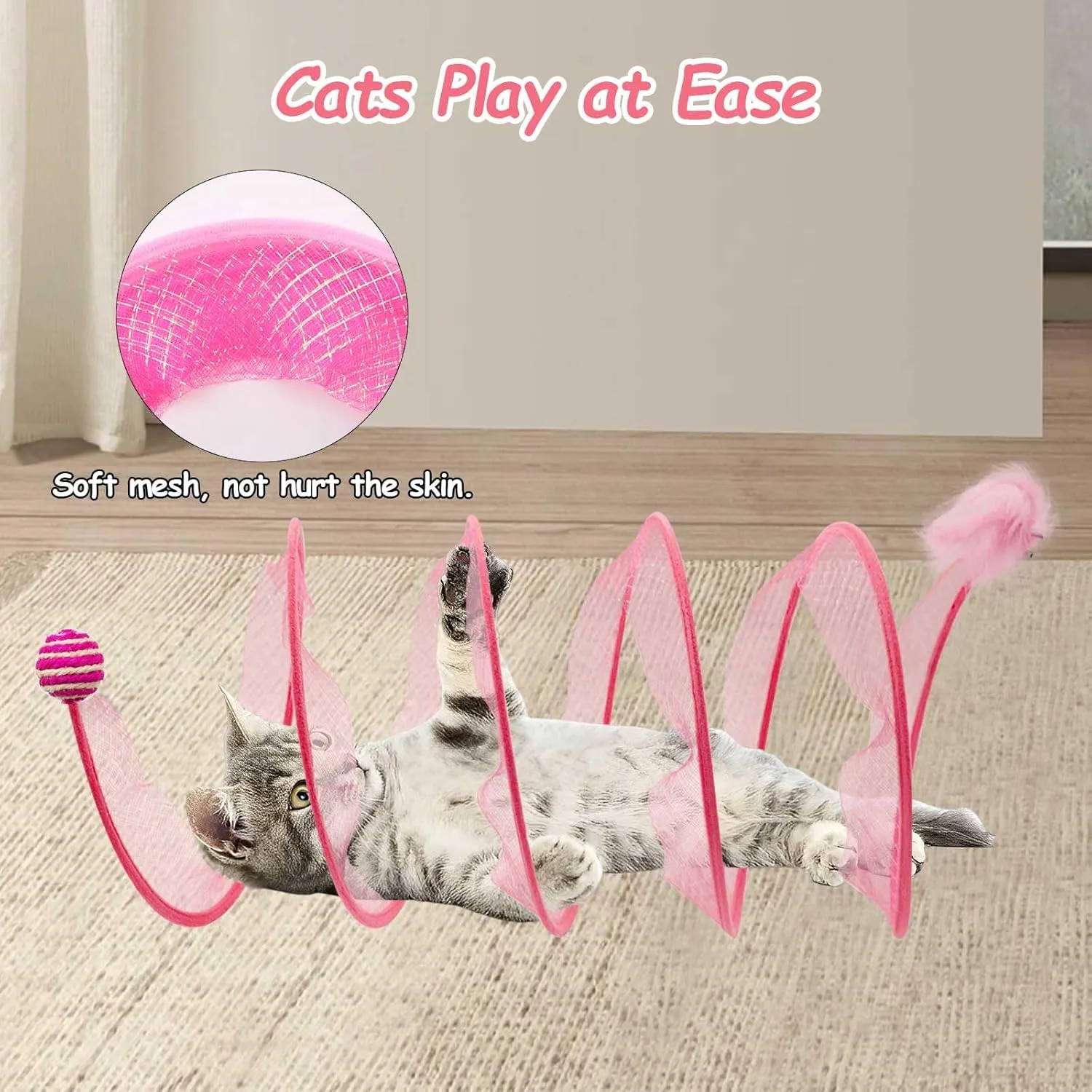 Cat Tunnel, 1PCS Folded Cat Tunnel Toy, Pink Sisal Hemp Ball Tube Cat Springs for Indoor with Feather, Mouse Toys Interactive Cat Toy Tunnel Self-Happy Cat Toys, S-Type Collapsible Tent