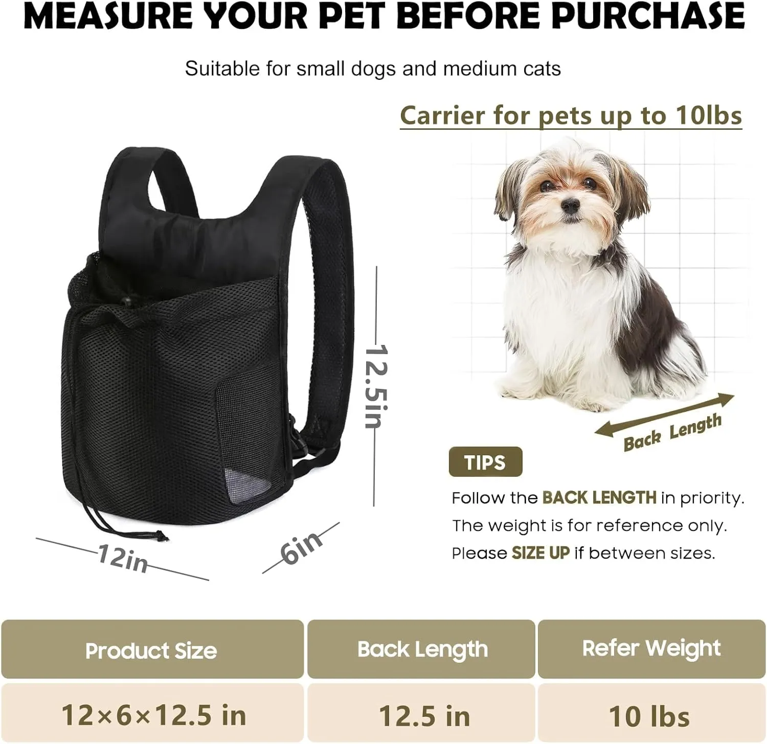Dog Front Carrier Backpack,Ventilated Mesh Puppy Back Pack with Safety Belt,Adjustable Breathable Pet Carrier for Small Dogs Cats,Lightweight Doggy Backpack for Hiking Cycling Outdoor (Black)