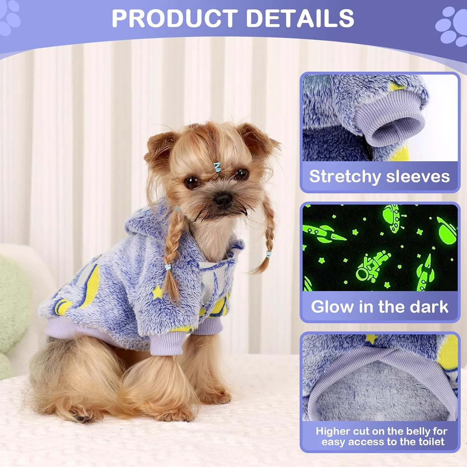 Dog Sweater, Glow in The Dark Dog Hoodie, Soft Flannel Pet Clothes for Boy Girl, Winter Warm Puppy Sweater for Chihuahua Yorkie Cat (Blue Universe,XXS)
