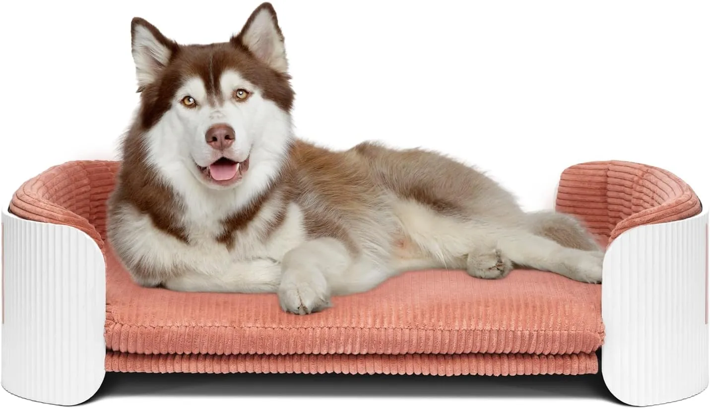 Dog's Pink Bed Morden Large Sofa Beds for Dogs with Removable Washable Flannel Cover Orthopedic Memory Rebound Foam Couch Puppy Essentials Anti-Scratch White PP Frame Indoor Elevated Pet Beds