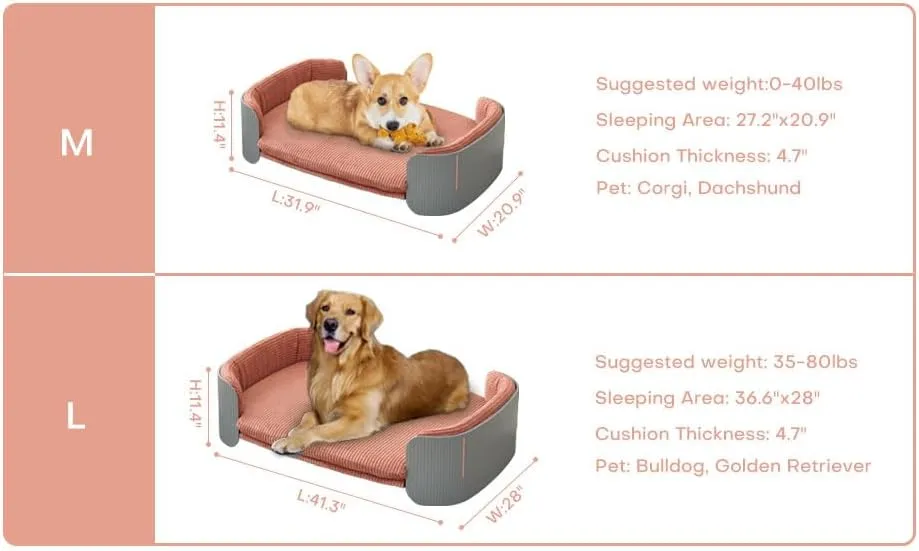 Dog's Pink Bed Morden Large Sofa Beds for Dogs with Removable Washable Flannel Cover Orthopedic Memory Rebound Foam Couch Puppy Essentials Anti-Scratch White PP Frame Indoor Elevated Pet Beds