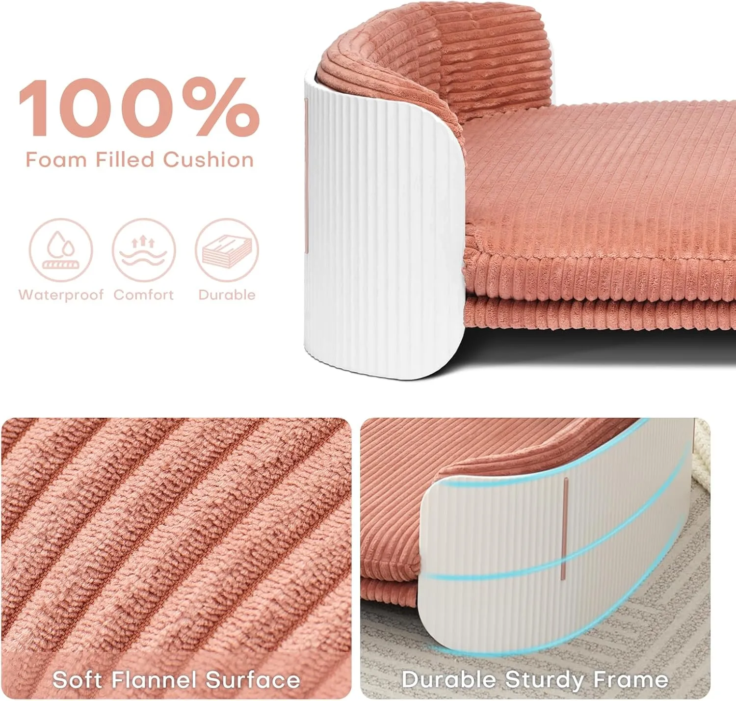 Dog's Pink Bed Morden Large Sofa Beds for Dogs with Removable Washable Flannel Cover Orthopedic Memory Rebound Foam Couch Puppy Essentials Anti-Scratch White PP Frame Indoor Elevated Pet Beds