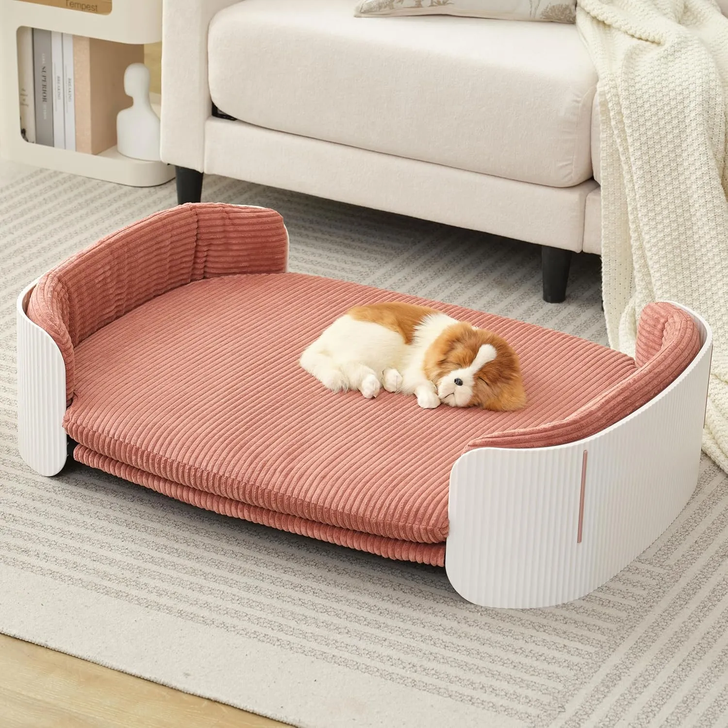 Dog's Pink Bed Morden Large Sofa Beds for Dogs with Removable Washable Flannel Cover Orthopedic Memory Rebound Foam Couch Puppy Essentials Anti-Scratch White PP Frame Indoor Elevated Pet Beds