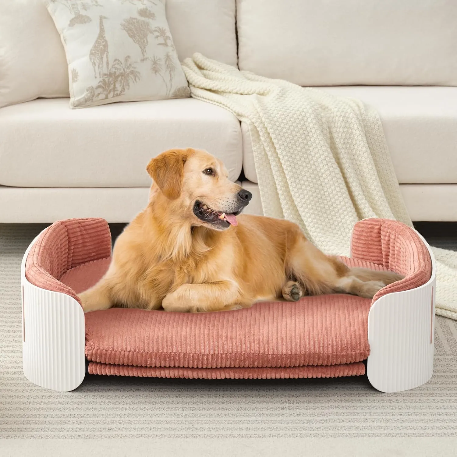 Dog's Pink Bed Morden Large Sofa Beds for Dogs with Removable Washable Flannel Cover Orthopedic Memory Rebound Foam Couch Puppy Essentials Anti-Scratch White PP Frame Indoor Elevated Pet Beds