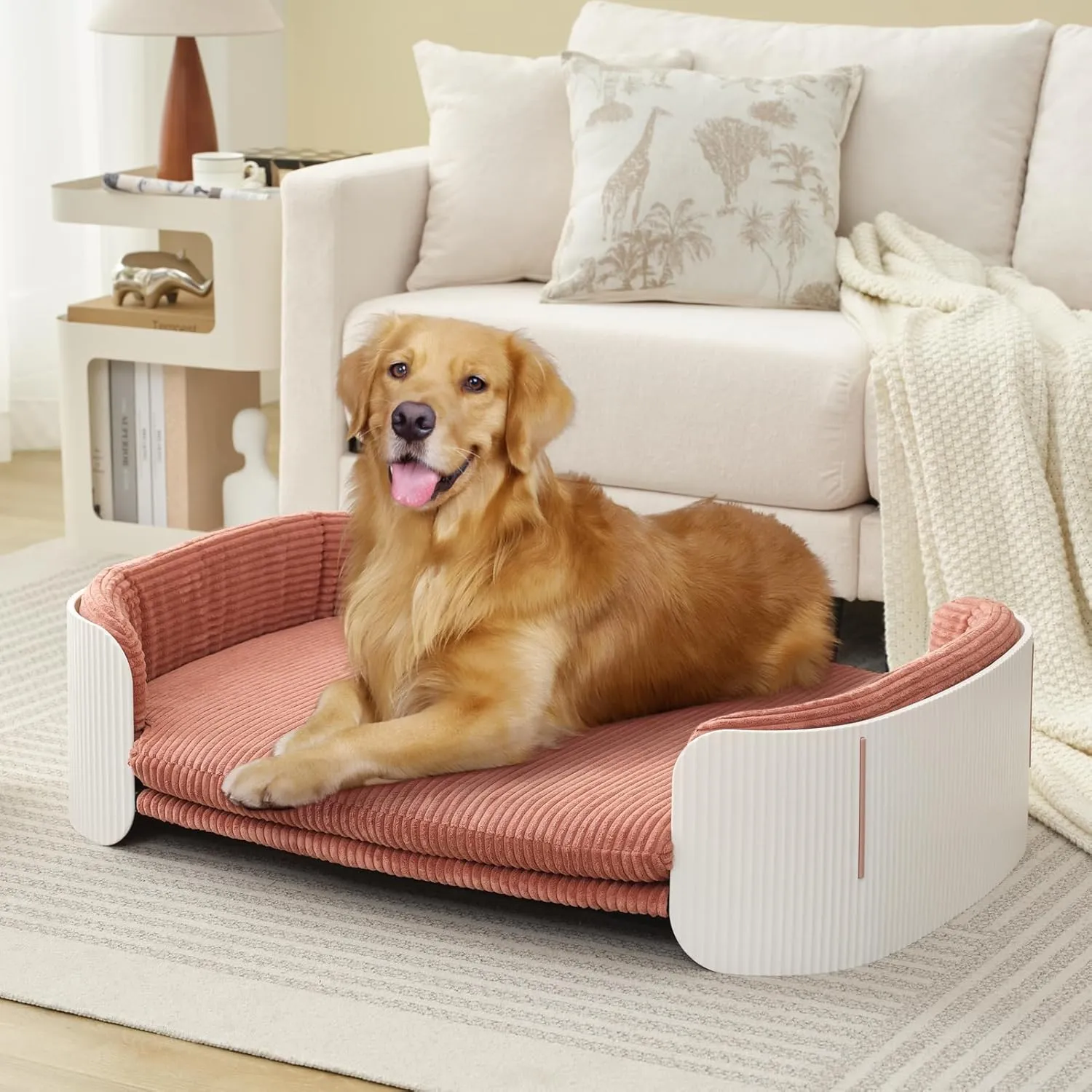 Dog's Pink Bed Morden Large Sofa Beds for Dogs with Removable Washable Flannel Cover Orthopedic Memory Rebound Foam Couch Puppy Essentials Anti-Scratch White PP Frame Indoor Elevated Pet Beds