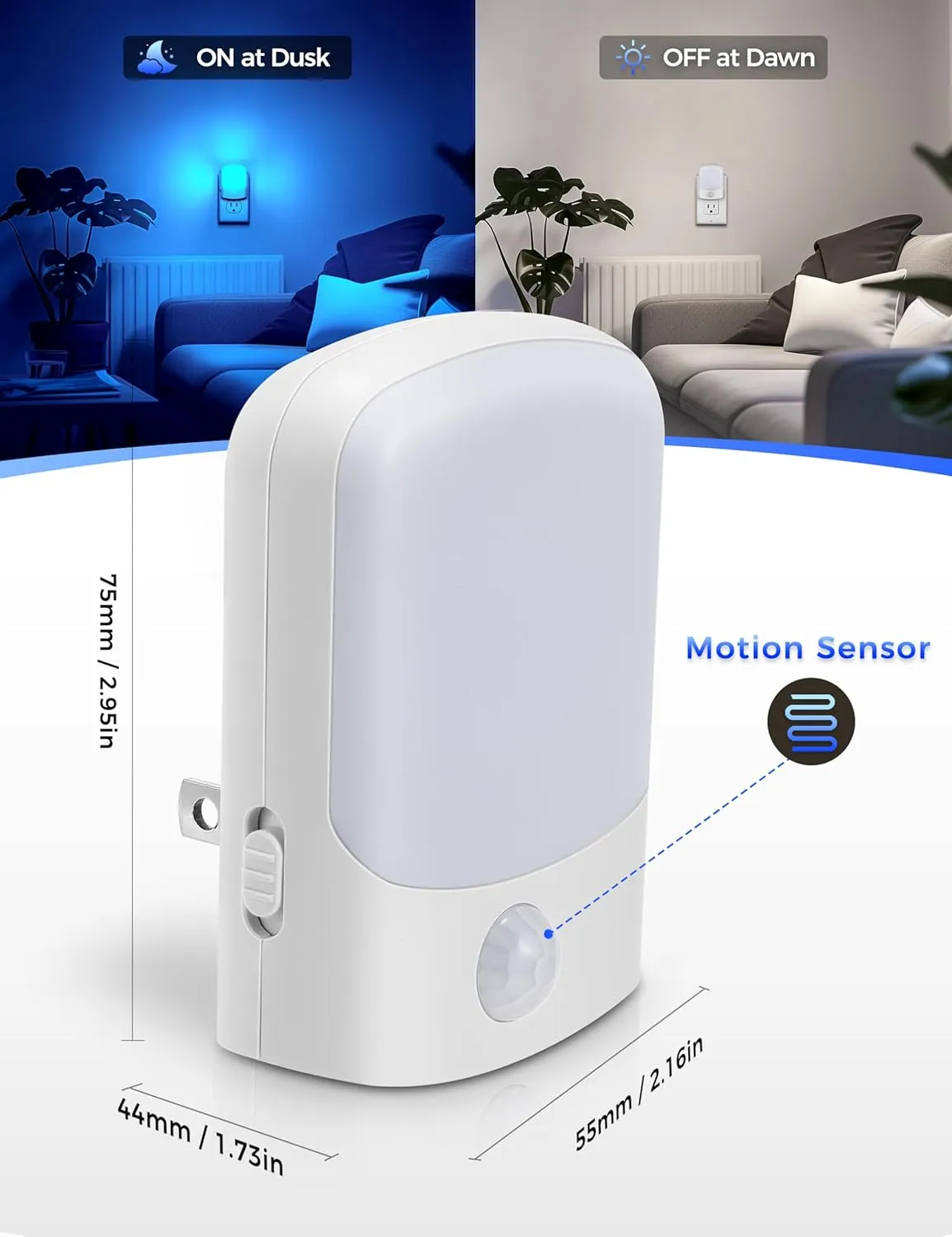 DORESshop Blue Night Light - Motion Sensor, Dimmable (30/60/100LM), Dusk to Dawn for Bedroom, Kids Room, Bathroom - 2Pack