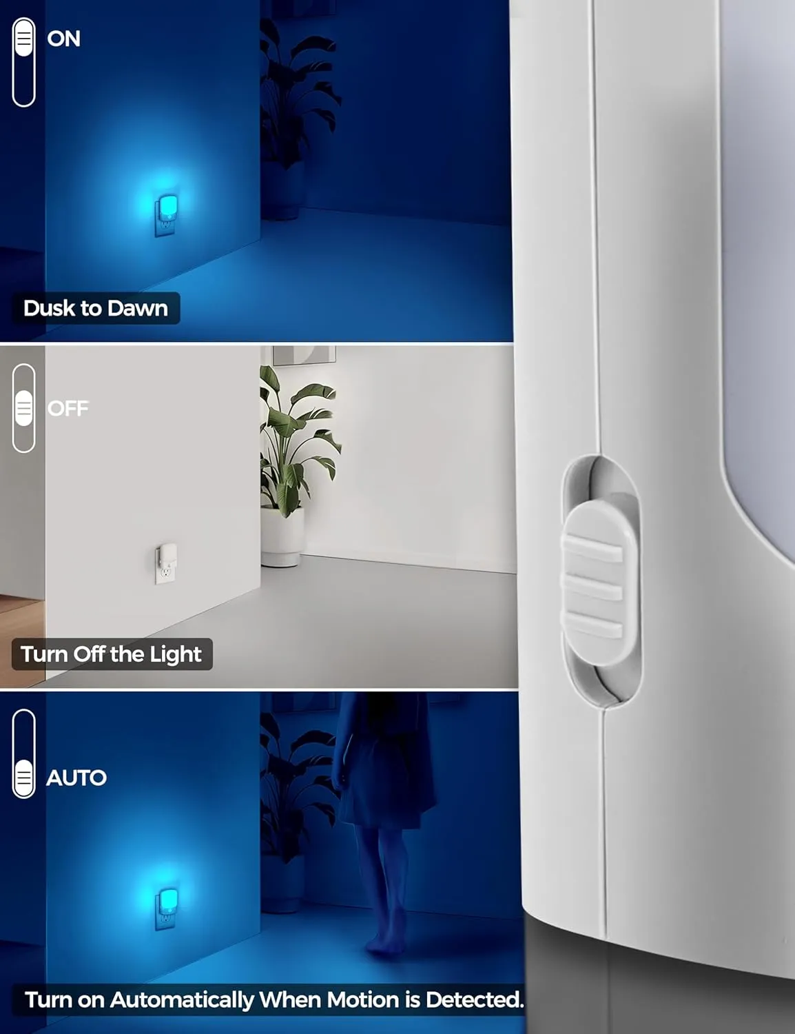 DORESshop Blue Night Light - Motion Sensor, Dimmable (30/60/100LM), Dusk to Dawn for Bedroom, Kids Room, Bathroom - 2Pack