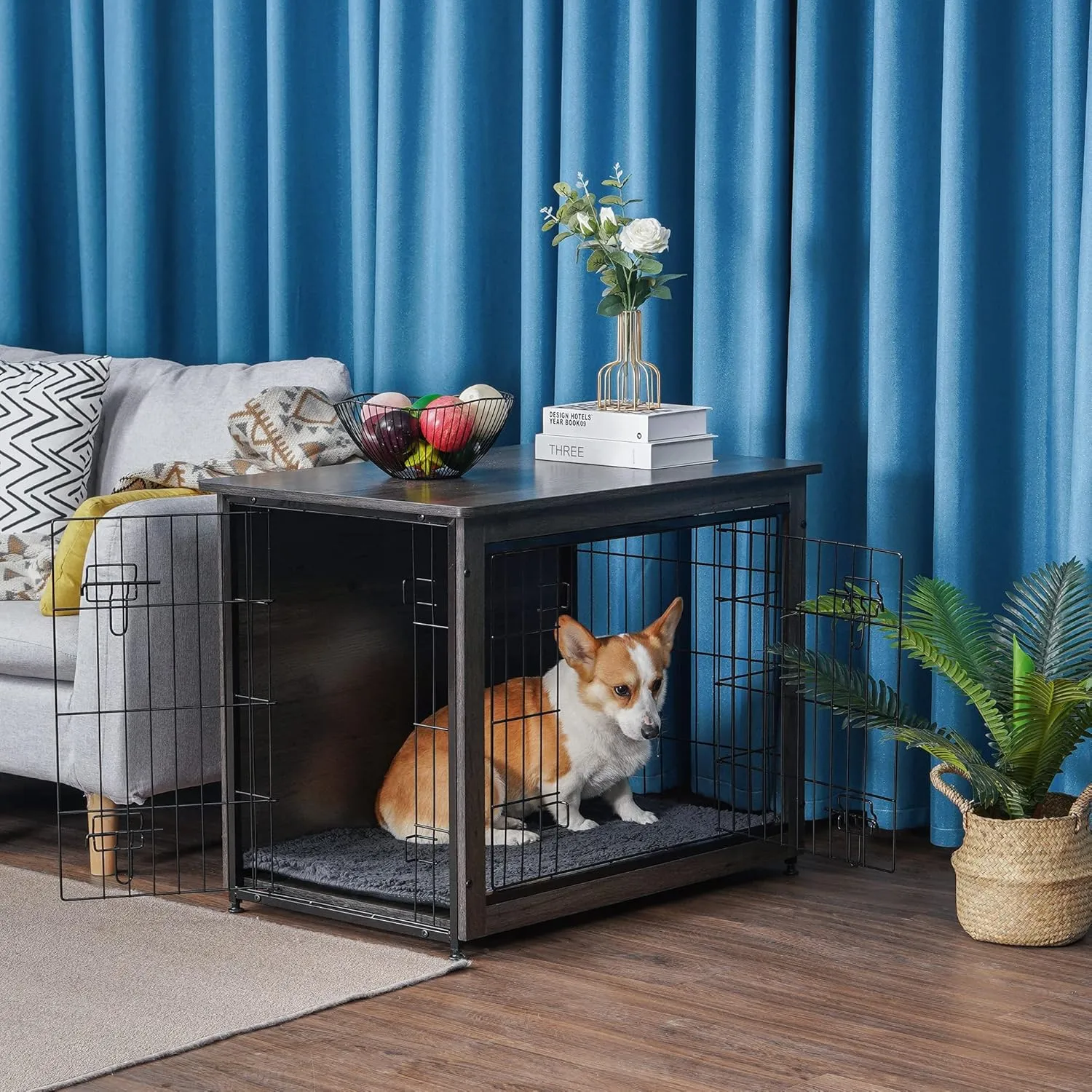 DWANTON Dog Crate Furniture with Cushion, Wooden Kennel Table with Double Doors, Indoor Dog House, Medium Size, 32.5" L, Dark Gray