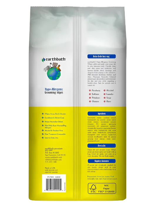 EARTHBATH Hypo-Allergenic Grooming Wipes - 100 Count | All-Natural, Safe & Gentle for Pets
