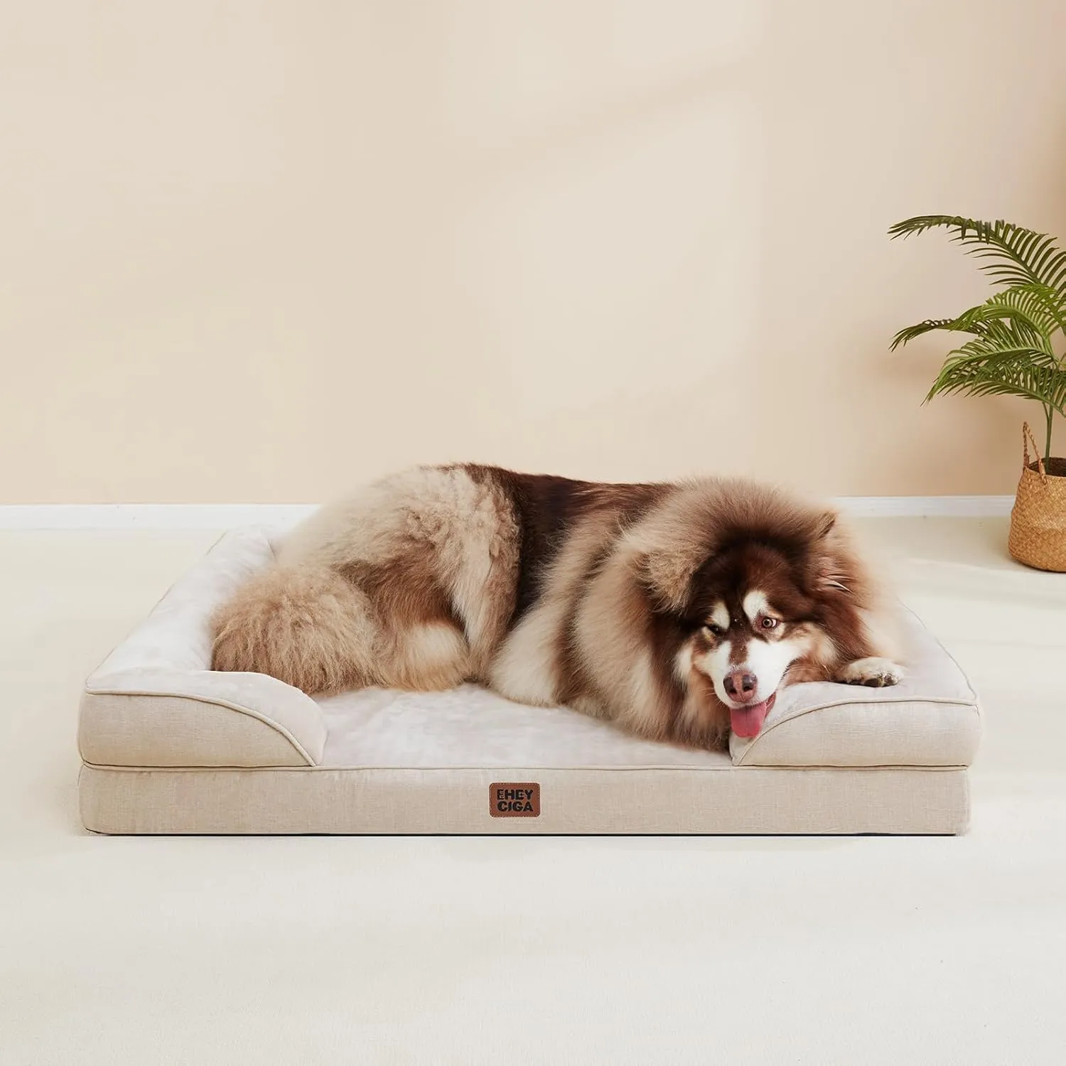 EHEYCIGA Orthopedic Dog Bed for Medium Dogs, Waterproof Memory Foam Medium Dog Beds with Sides, Non-Slip Bottom and Egg-Crate Foam Pet Couch Bed with Washable Removable Cover, Beige