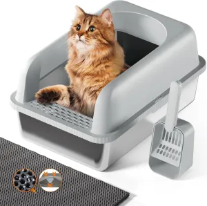 Extra Large Litter Box for Big Cats, Stainless Steel Cat Litter Box with High Side, Anti-Leakage,Non-Stick, Includes Litter Mat & Metal Scoop,Easy Cleaning