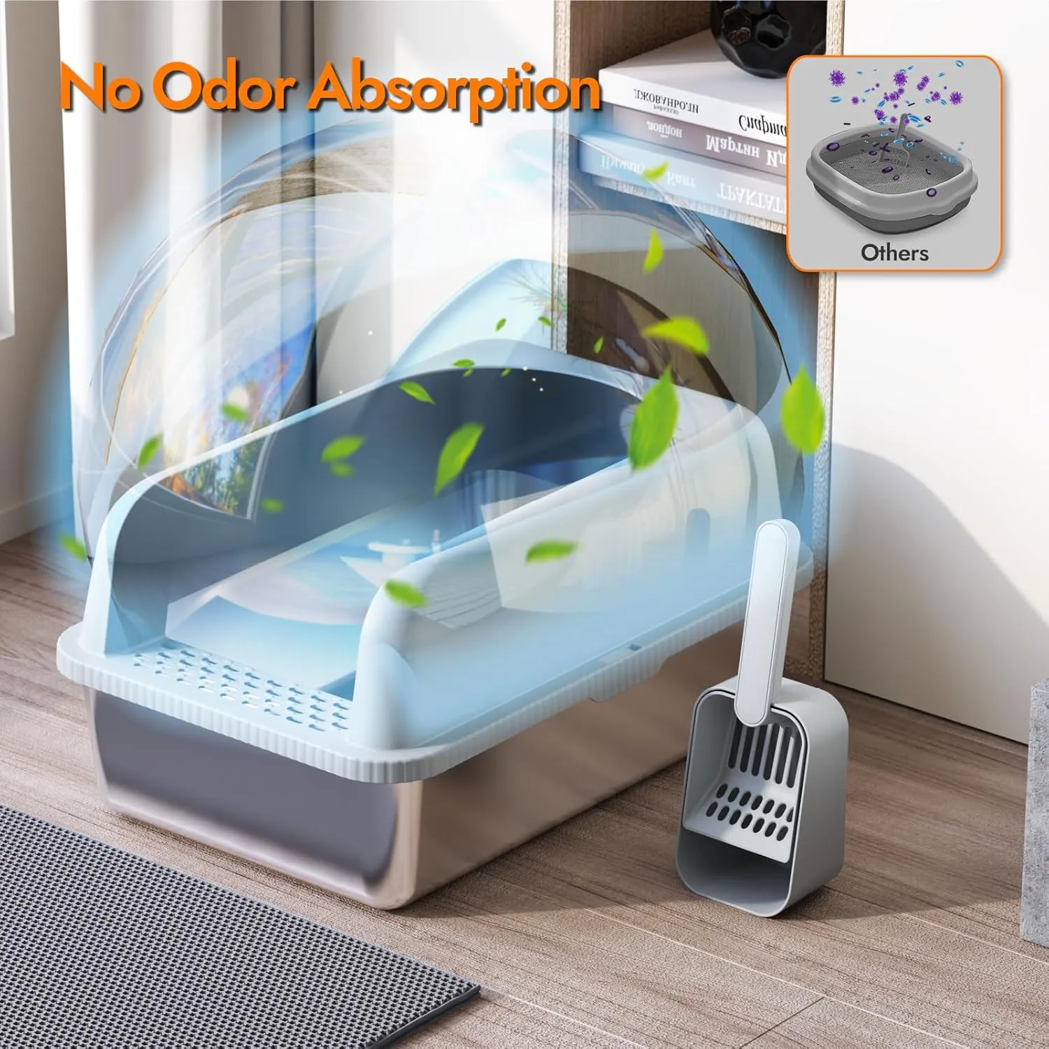 Extra Large Litter Box for Big Cats, Stainless Steel Cat Litter Box with High Side, Anti-Leakage,Non-Stick, Includes Litter Mat & Metal Scoop,Easy Cleaning