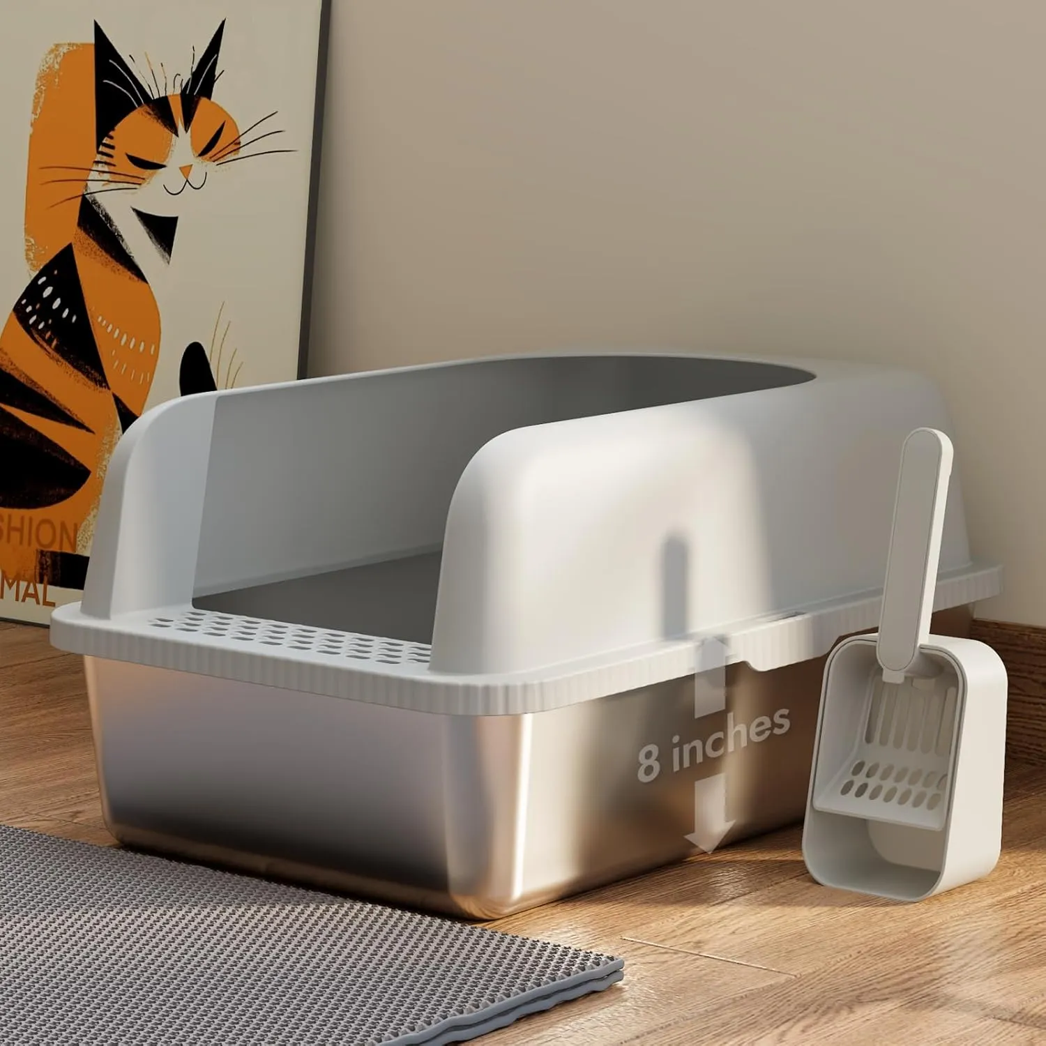 Extra Large Litter Box for Big Cats, Stainless Steel Cat Litter Box with High Side, Anti-Leakage,Non-Stick, Includes Litter Mat & Metal Scoop,Easy Cleaning