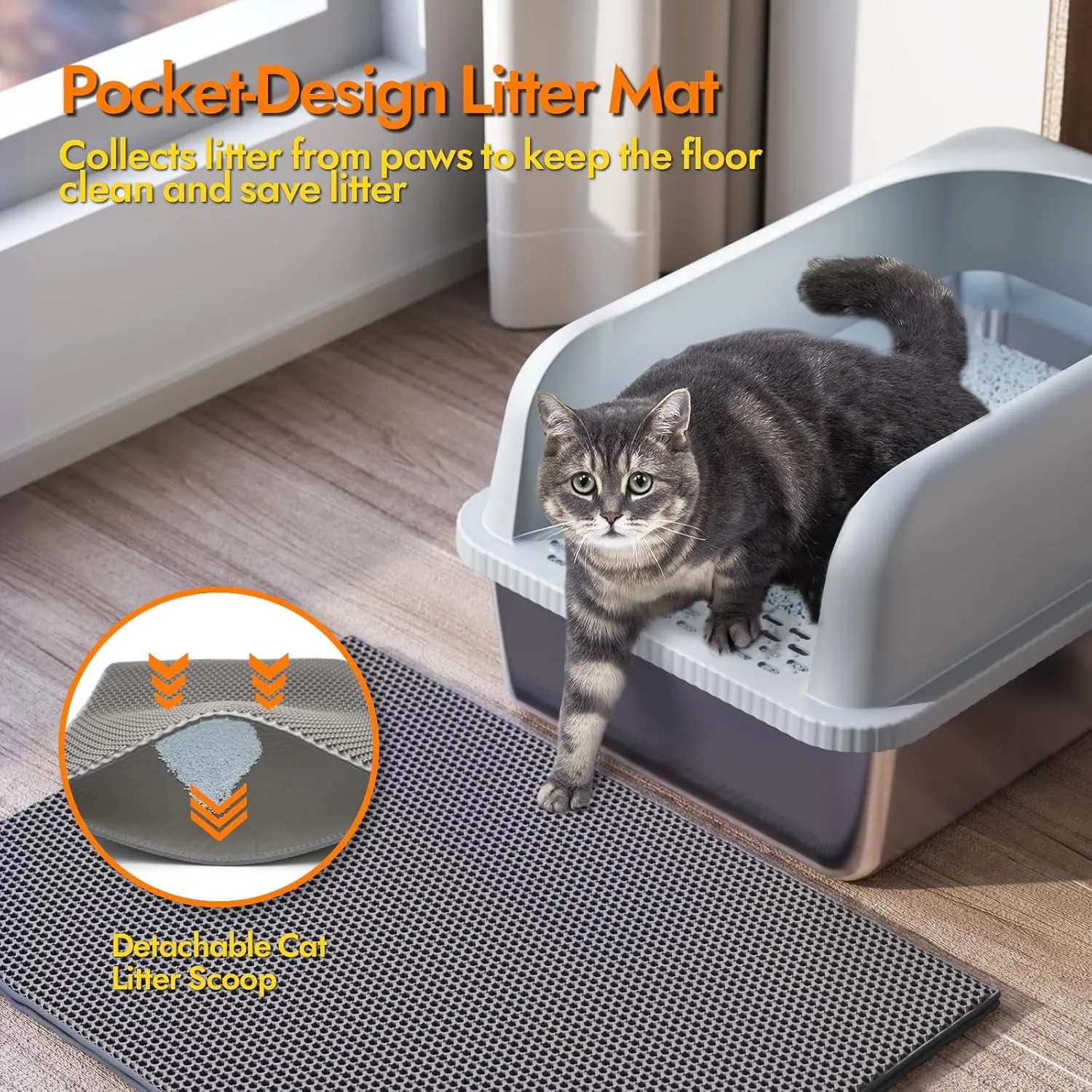 Extra Large Litter Box for Big Cats, Stainless Steel Cat Litter Box with High Side, Anti-Leakage,Non-Stick, Includes Litter Mat & Metal Scoop,Easy Cleaning