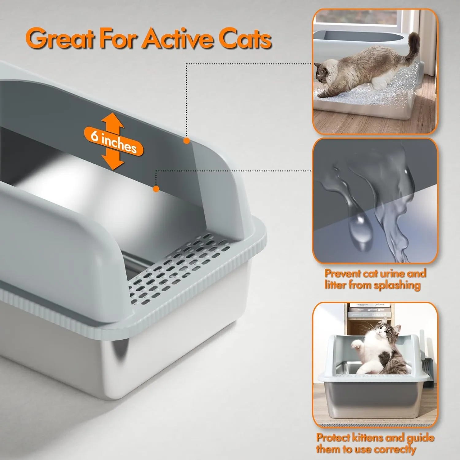 Extra Large Litter Box for Big Cats, Stainless Steel Cat Litter Box with High Side, Anti-Leakage,Non-Stick, Includes Litter Mat & Metal Scoop,Easy Cleaning