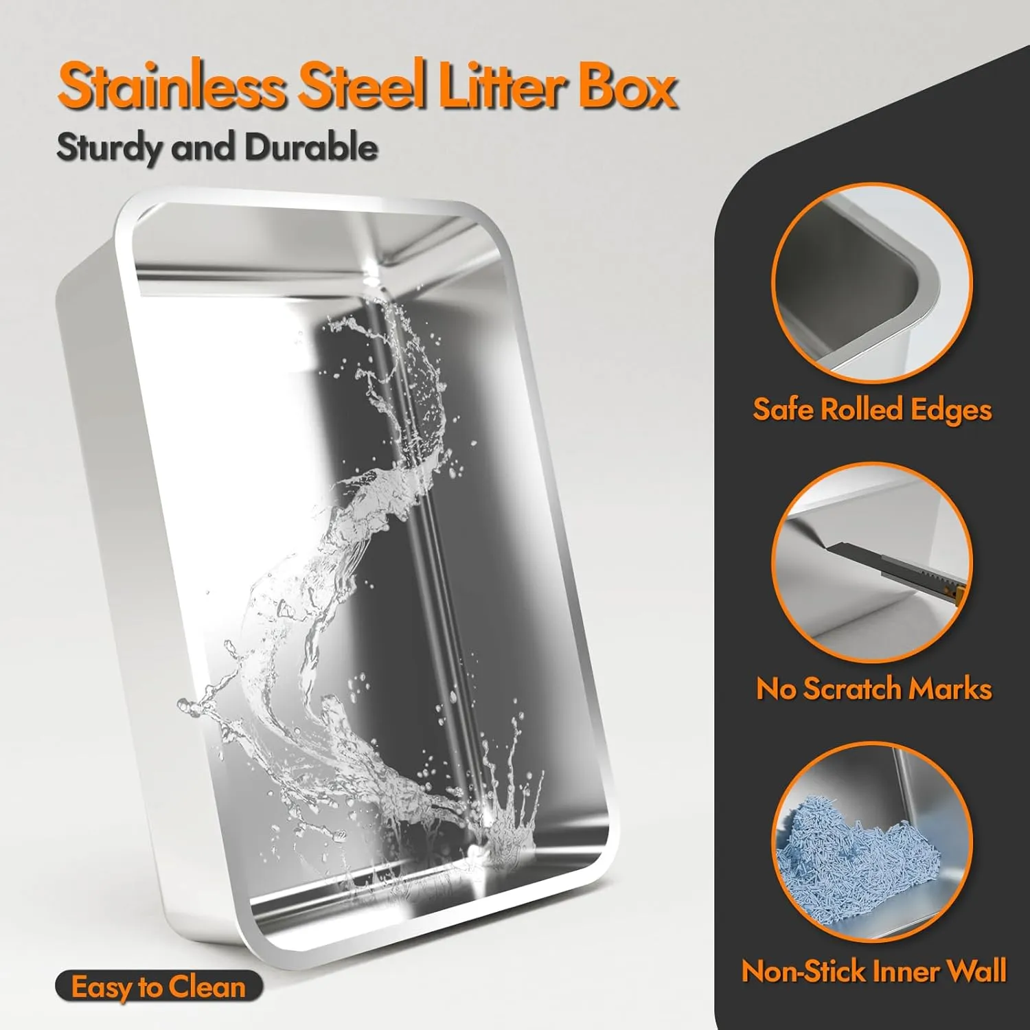 Extra Large Litter Box for Big Cats, Stainless Steel Cat Litter Box with High Side, Anti-Leakage,Non-Stick, Includes Litter Mat & Metal Scoop,Easy Cleaning