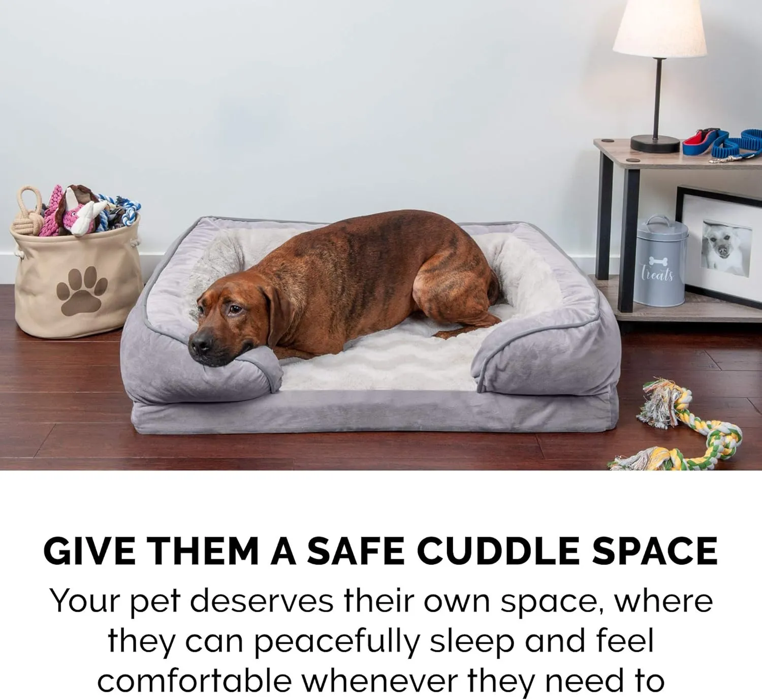 Furhaven Memory Foam Dog Bed for Large Dogs w/ Removable Bolsters & Washable Cover, For Dogs Up to 95 lbs - Plush & Velvet Waves Perfect Comfort Sofa - Granite Gray, Jumbo/XL, 40.0"L x 32.0"W x 9.5"Th