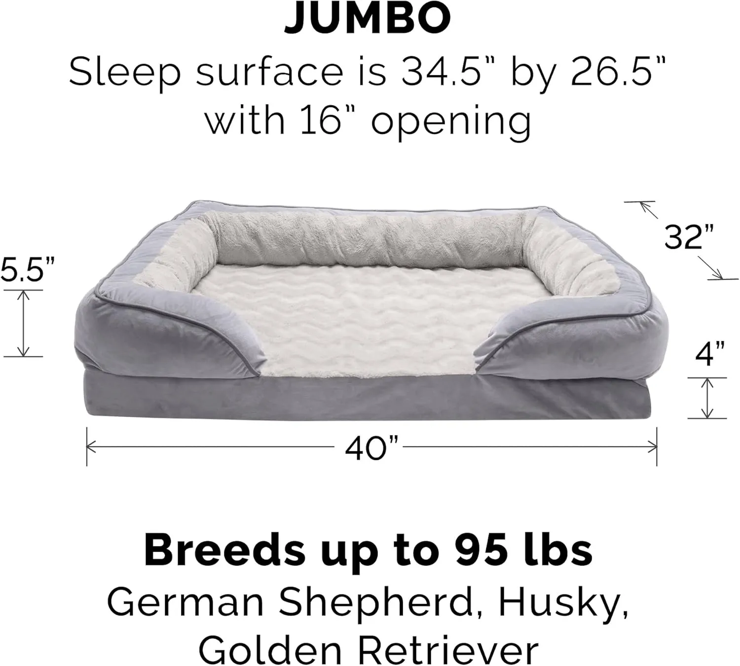Furhaven Memory Foam Dog Bed for Large Dogs w/ Removable Bolsters & Washable Cover, For Dogs Up to 95 lbs - Plush & Velvet Waves Perfect Comfort Sofa - Granite Gray, Jumbo/XL, 40.0"L x 32.0"W x 9.5"Th