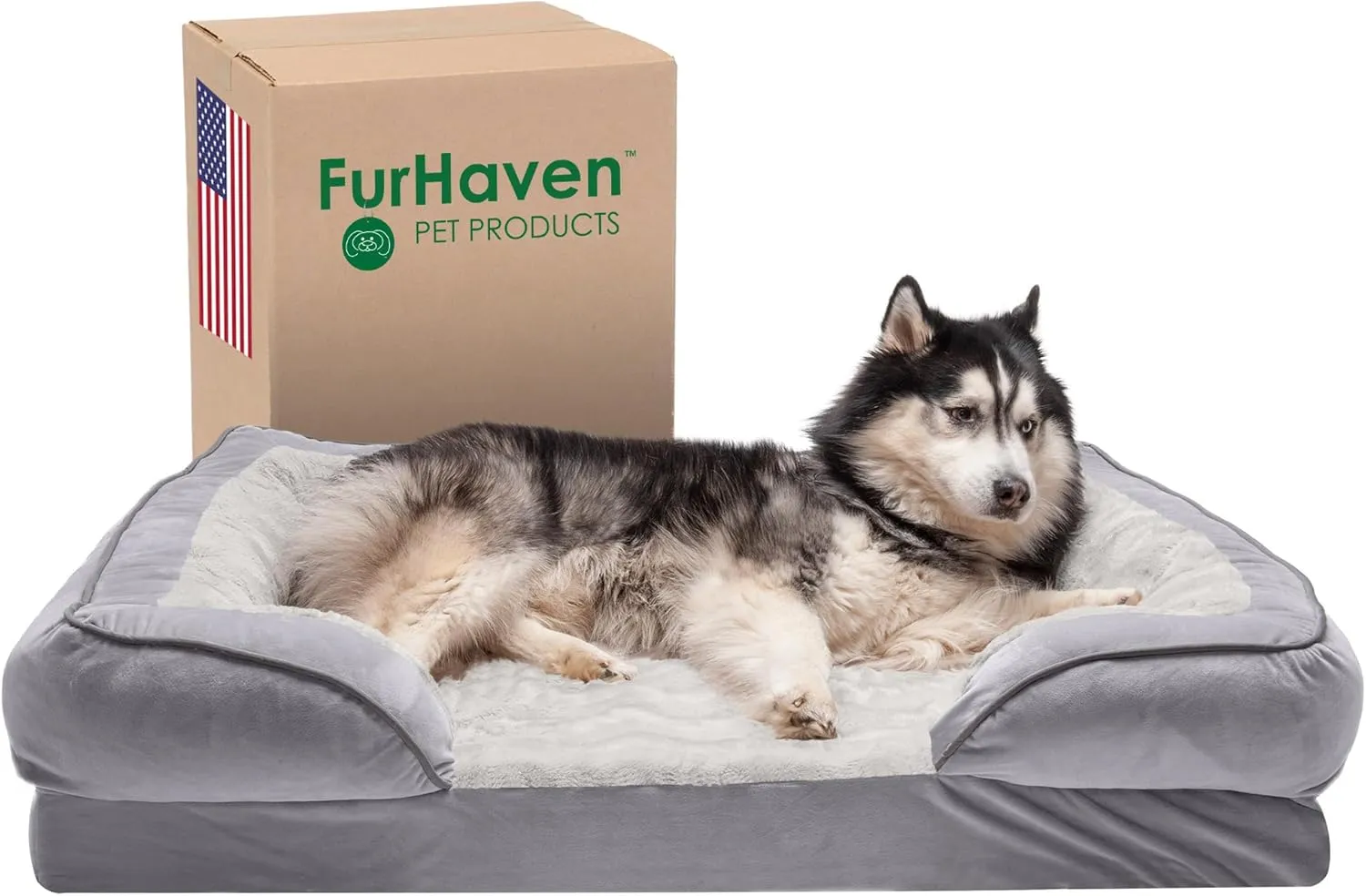 Furhaven Memory Foam Dog Bed for Large Dogs w/ Removable Bolsters & Washable Cover, For Dogs Up to 95 lbs - Plush & Velvet Waves Perfect Comfort Sofa - Granite Gray, Jumbo/XL, 40.0"L x 32.0"W x 9.5"Th