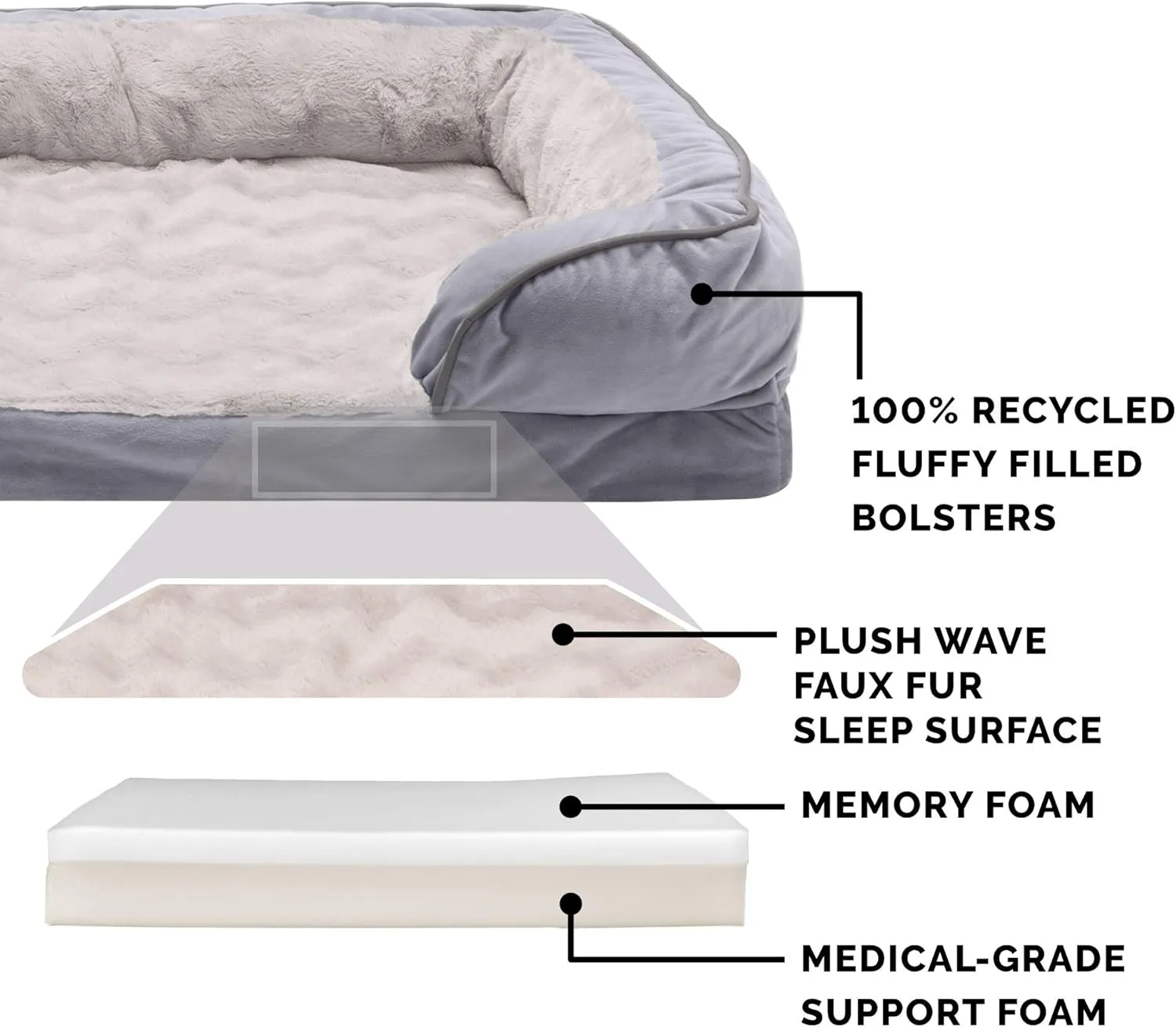 Furhaven Memory Foam Dog Bed for Large Dogs w/ Removable Bolsters & Washable Cover, For Dogs Up to 95 lbs - Plush & Velvet Waves Perfect Comfort Sofa - Granite Gray, Jumbo/XL, 40.0"L x 32.0"W x 9.5"Th