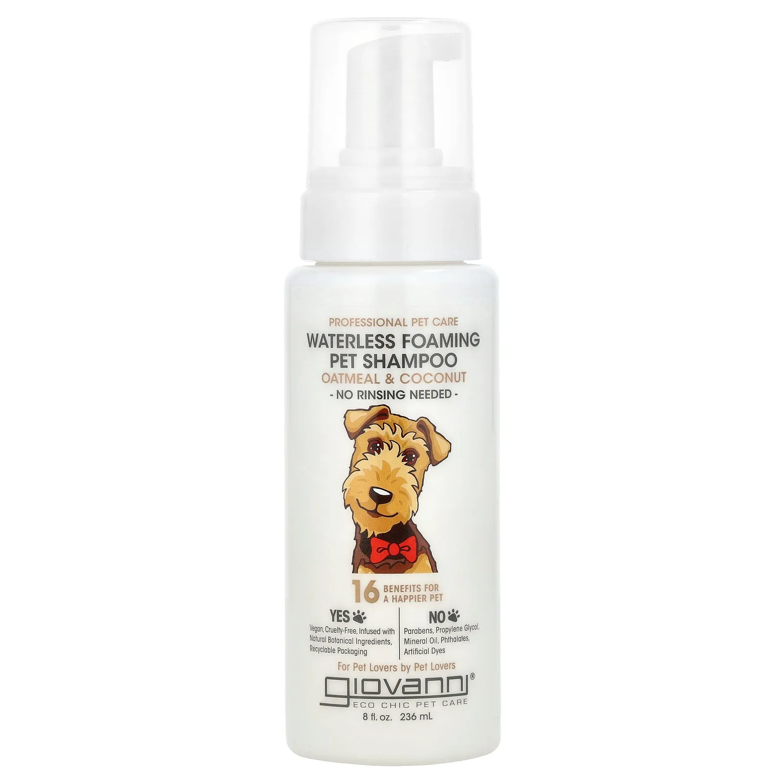 Giovanni, Professional Pet Care, Waterless Foaming Pet Shampoo, For Dogs, Oatmeal & Coconut, 8 fl oz (236 ml)