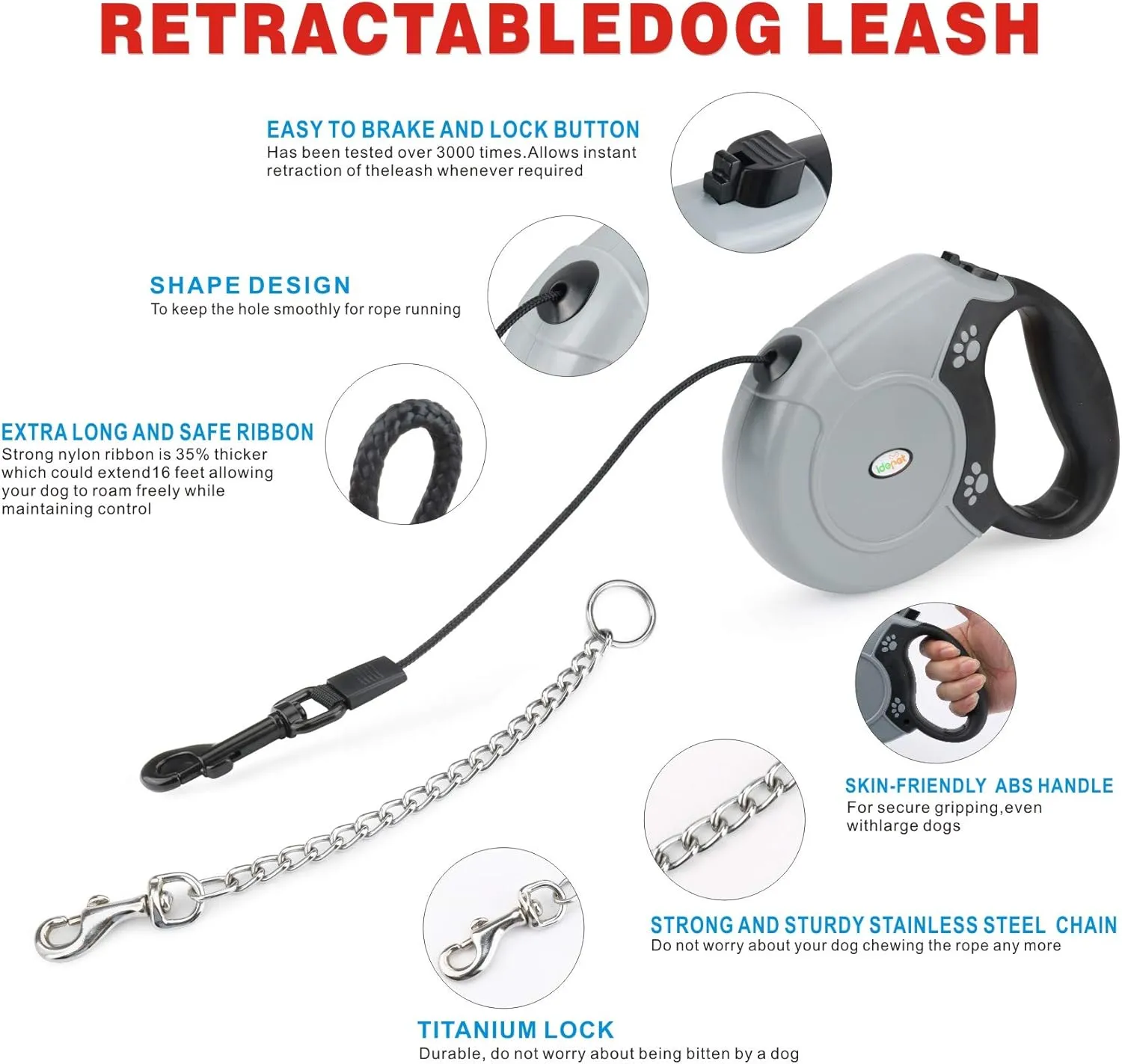 Idepet Heavy Duty Retractable Dog Leash for Small and Medium Dogs, Anti-Chewing Steel Chain 360 Degree Tangle-Free,Break and Lock System,16ft Leash for Dog Walking (Grey, Round Rope)