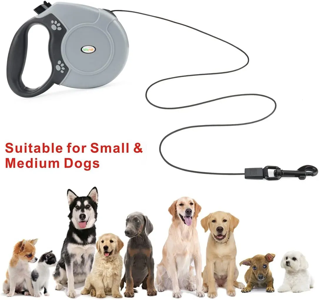 Idepet Heavy Duty Retractable Dog Leash for Small and Medium Dogs, Anti-Chewing Steel Chain 360 Degree Tangle-Free,Break and Lock System,16ft Leash for Dog Walking (Grey, Round Rope)