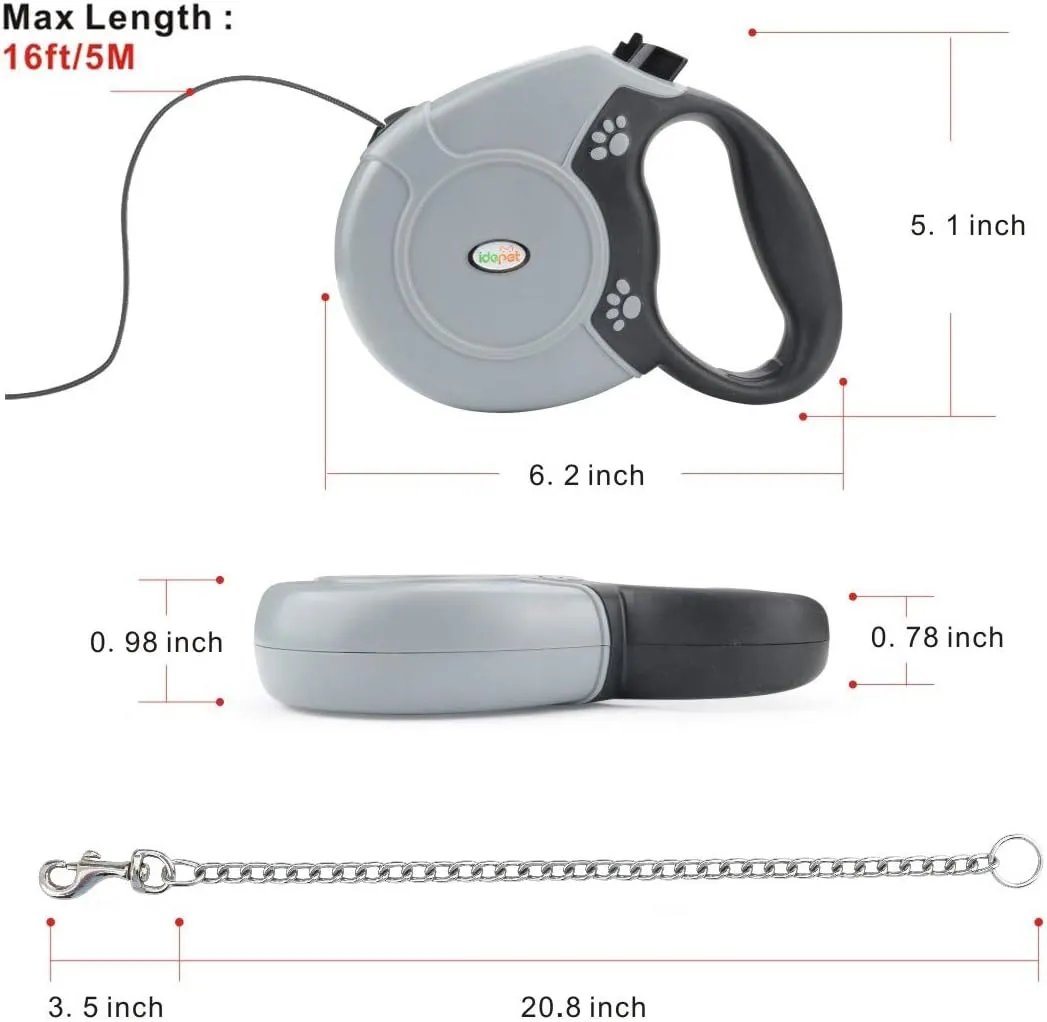 Idepet Heavy Duty Retractable Dog Leash for Small and Medium Dogs, Anti-Chewing Steel Chain 360 Degree Tangle-Free,Break and Lock System,16ft Leash for Dog Walking (Grey, Round Rope)
