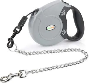 Idepet Heavy Duty Retractable Dog Leash for Small and Medium Dogs, Anti-Chewing Steel Chain 360 Degree Tangle-Free,Break and Lock System,16ft Leash for Dog Walking (Grey, Round Rope)