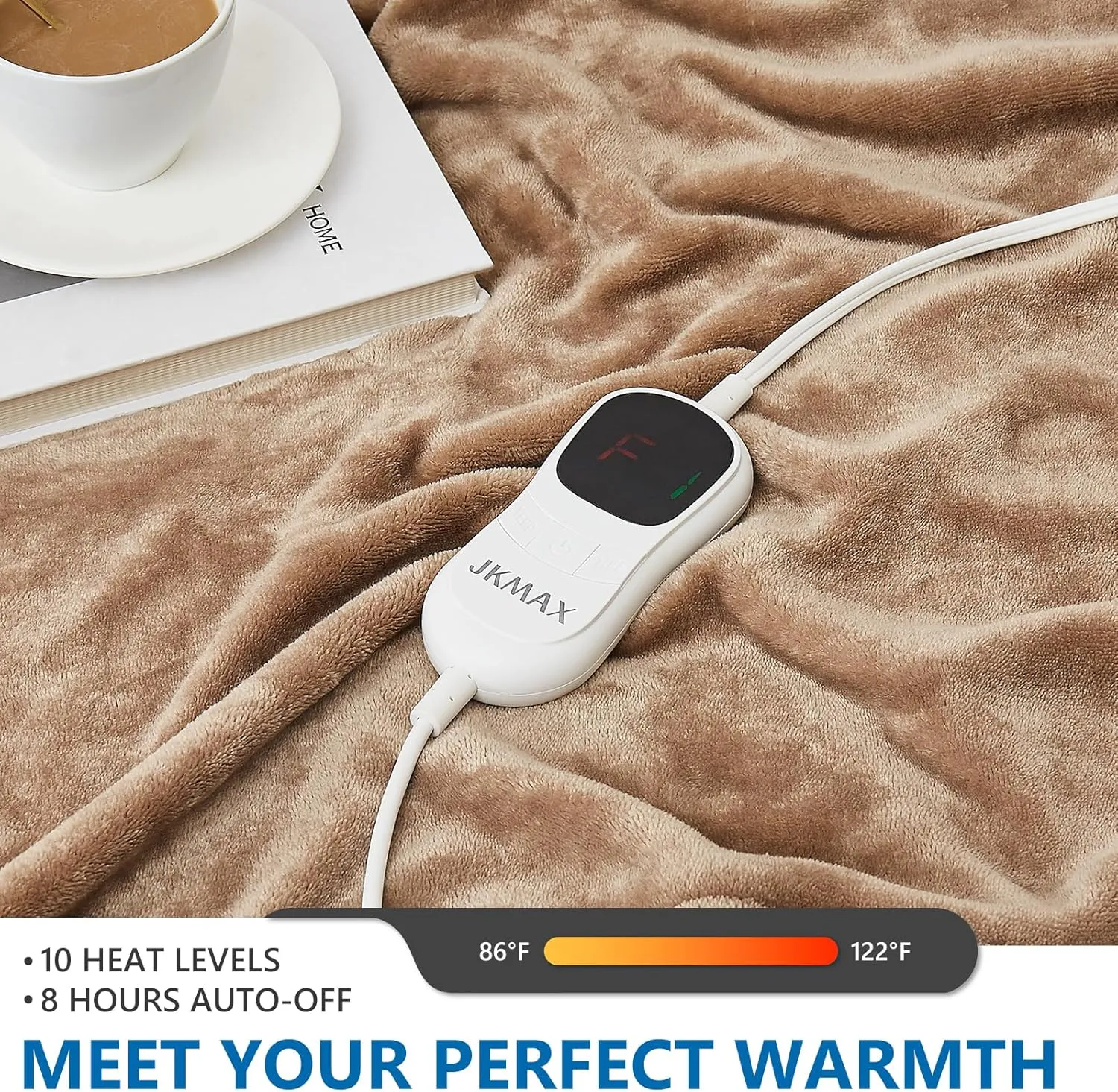 JKMAX Electric Heated Heating Blanket - Heated Bed Blanket Twin Size 62"x84" with 10 Heating Levels 8 Hours Auto Off Fast Heating - Electric Blanket Ultra Soft Overheat Protection ETL Certified Beige