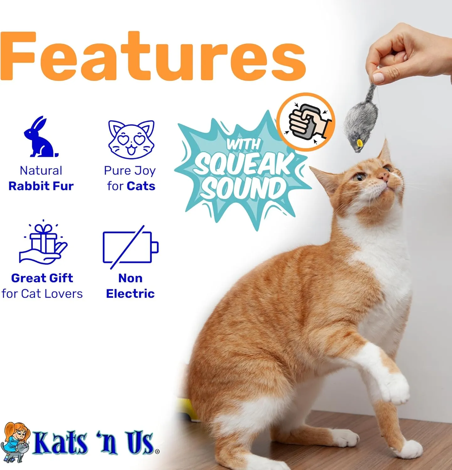 Kats'N Us Rabbit Fur Mouse Cat Toy - Gray with Squeak Sound - Interactive Cat Toys, Real Fur Mice - Furry Mouse Toy